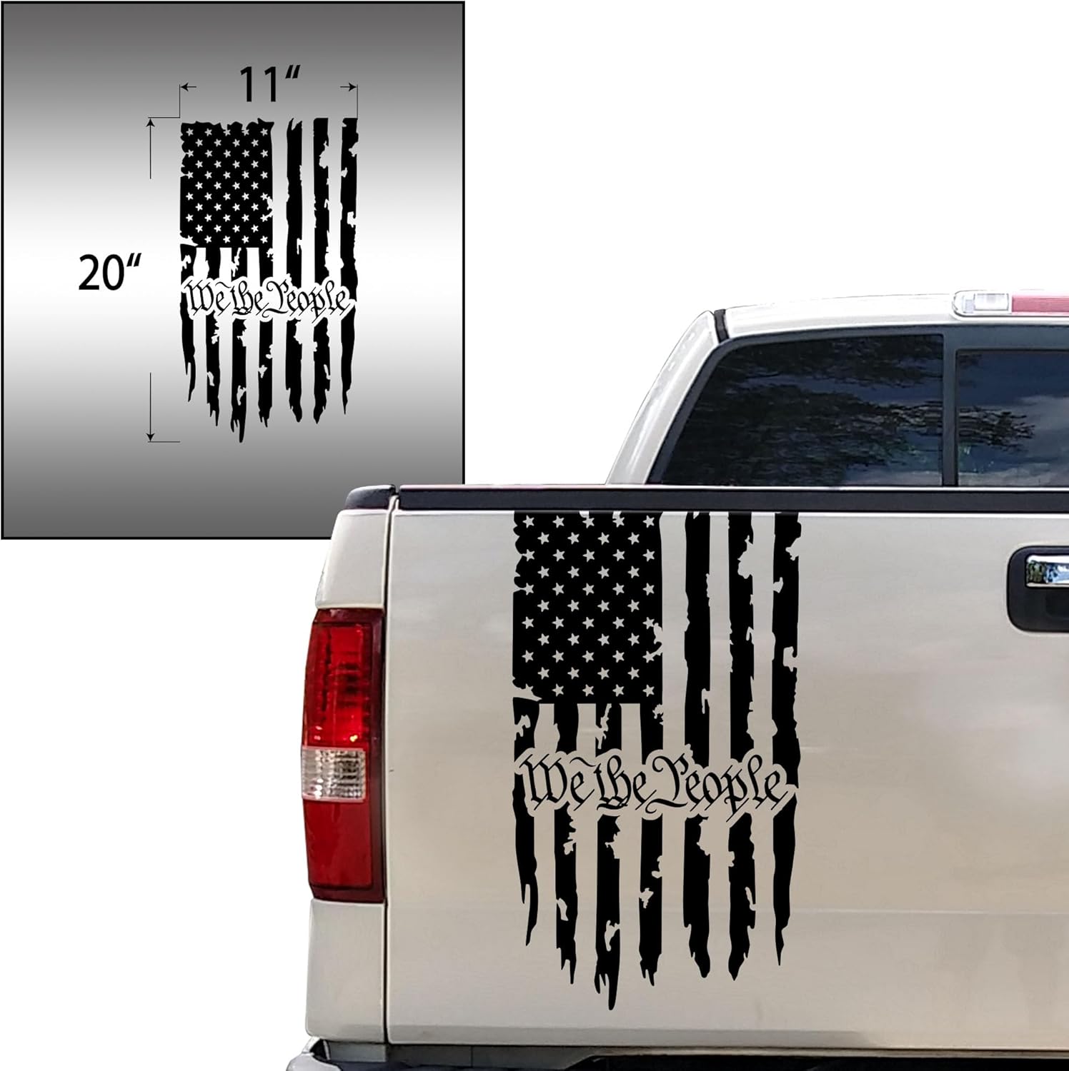 Greenyef Graphics We The People Distressed – Calcomanía de vinilo con bandera de Estados Unidos para puerta trasera de camión, preámbulo de la