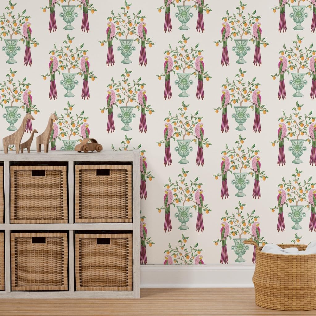 Spoonflower Muestro de papel tapiz extraíble  Pájaros botánicos Loro tropical Cítricos Floral Caprichoso vid Hojas Naranja Limón Italiano Papel