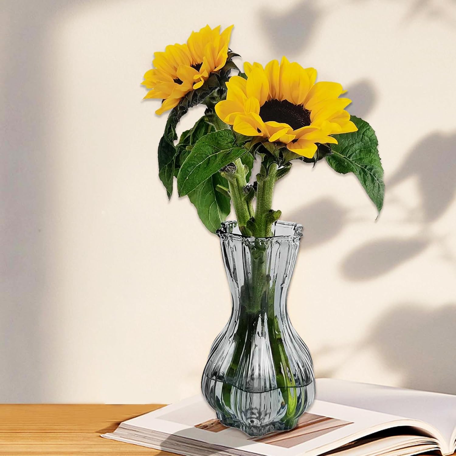 Floreros de cristal, jarrón de vidrio azul para plantas hidropónicas o pampas, florero de flores de 8.07 pulgadas para centros de mesa para sala de