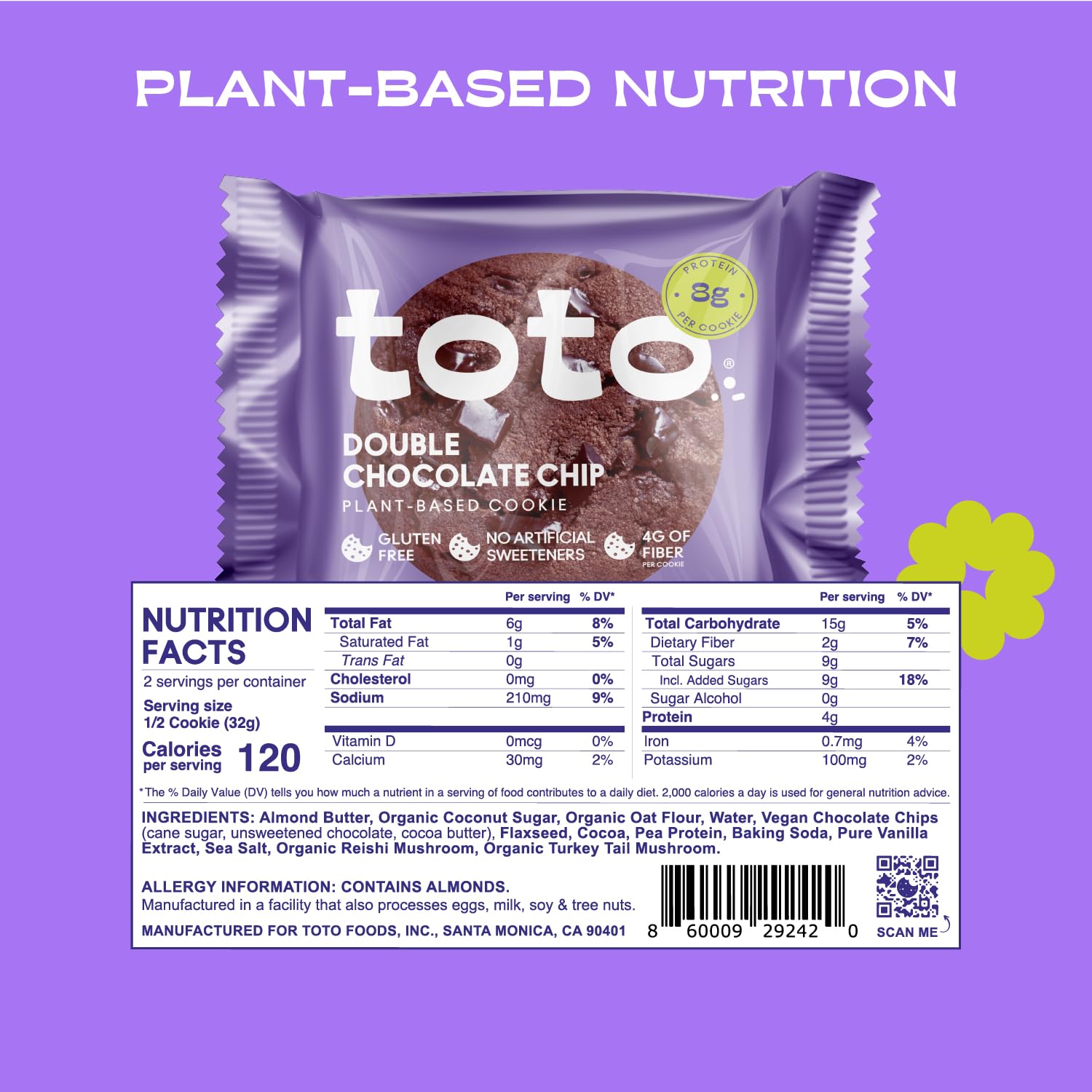 Toto ‘s Galletas veganas con doble chispas de chocolate galleta alta en fibra sin gluten con proteína a base de plantas, superalimentos y