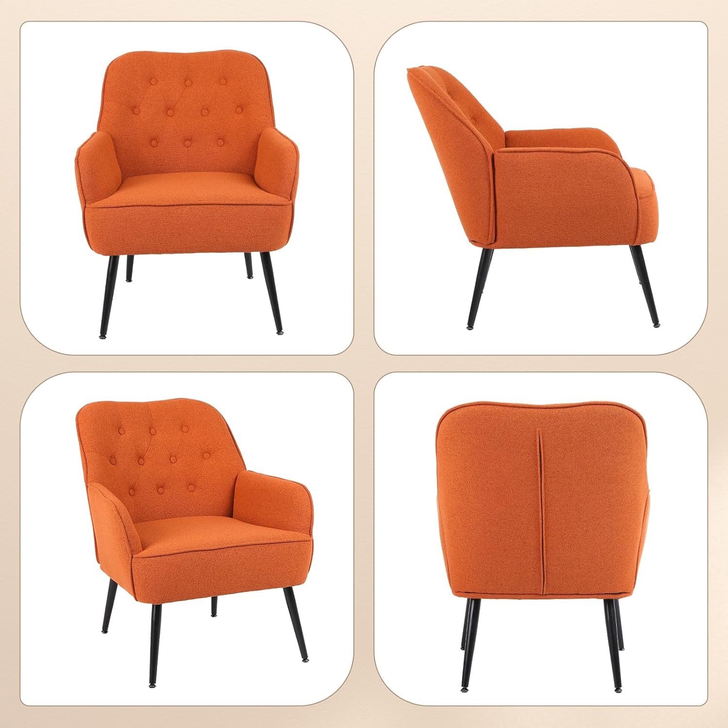 Hosnnile Silla decorativa, moderna de mediados de siglo tapizada con botones, silla de lectura individual con tela de lino + marco de hierro sólido,