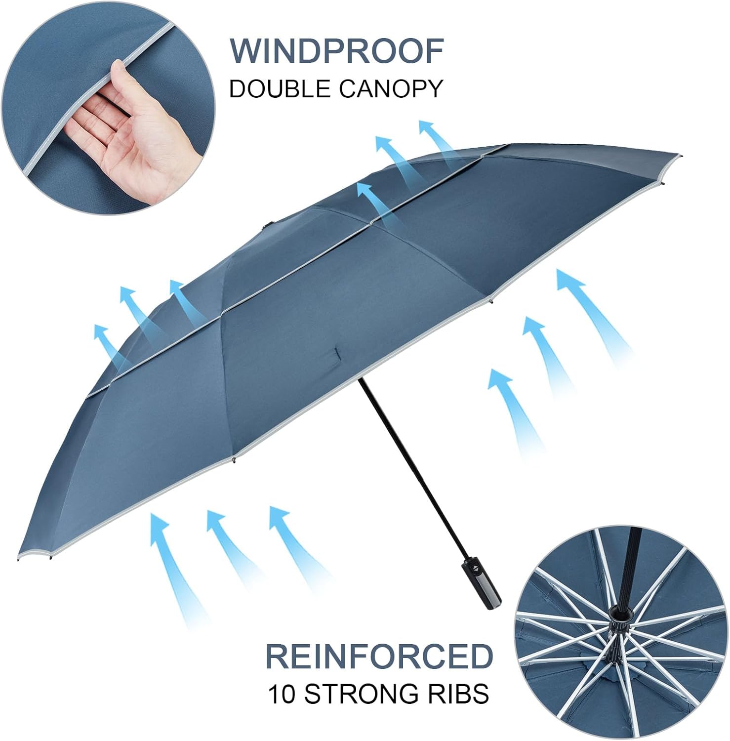 G4Free Paraguas invertido resistente al viento de 62 pulgadas con rayas reflectantes, paraguas grande y compacto de golf para lluvia, 10 varillas,