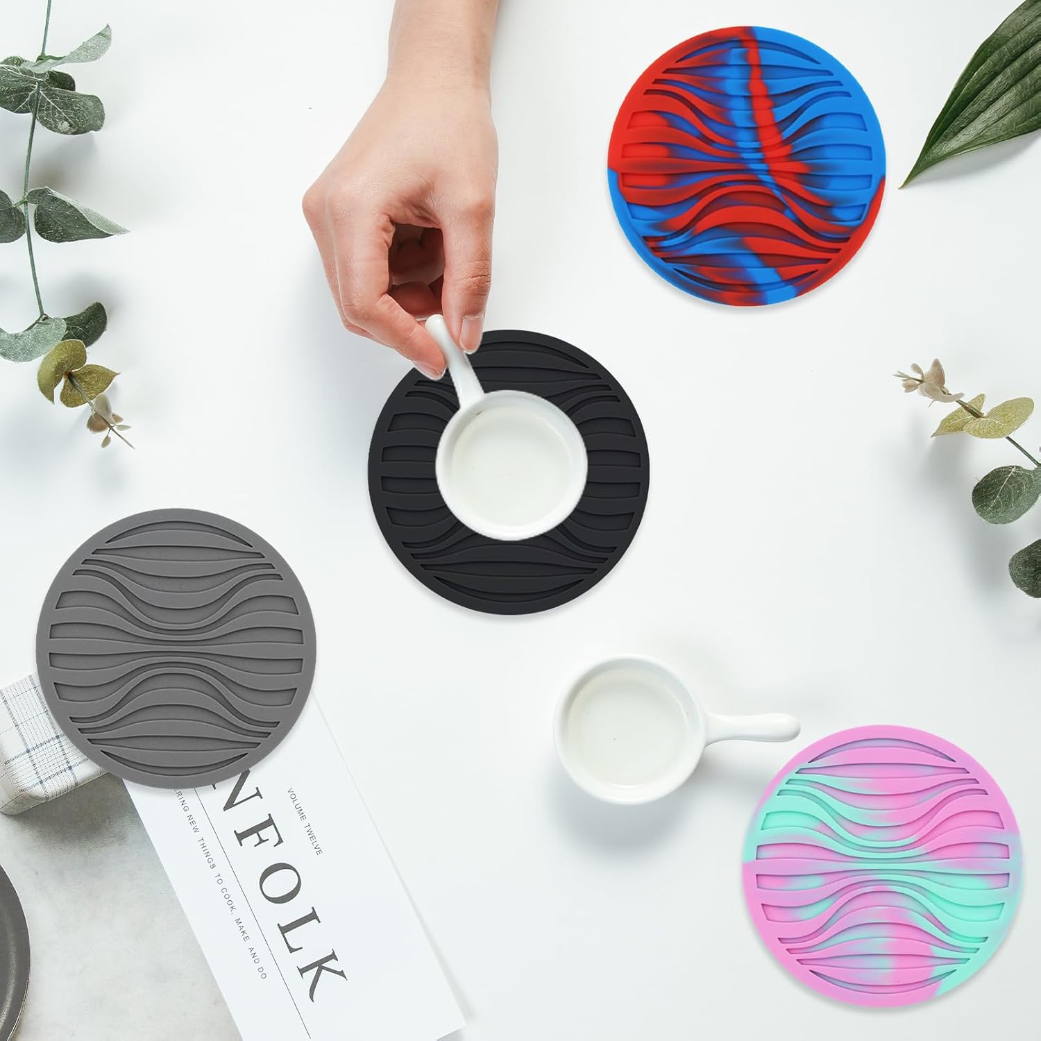 Posavasos para bebidas, 8 piezas con soporte, posavasos de silicona para protección de mesa, resistentes al calor y antideslizantes, posavasos