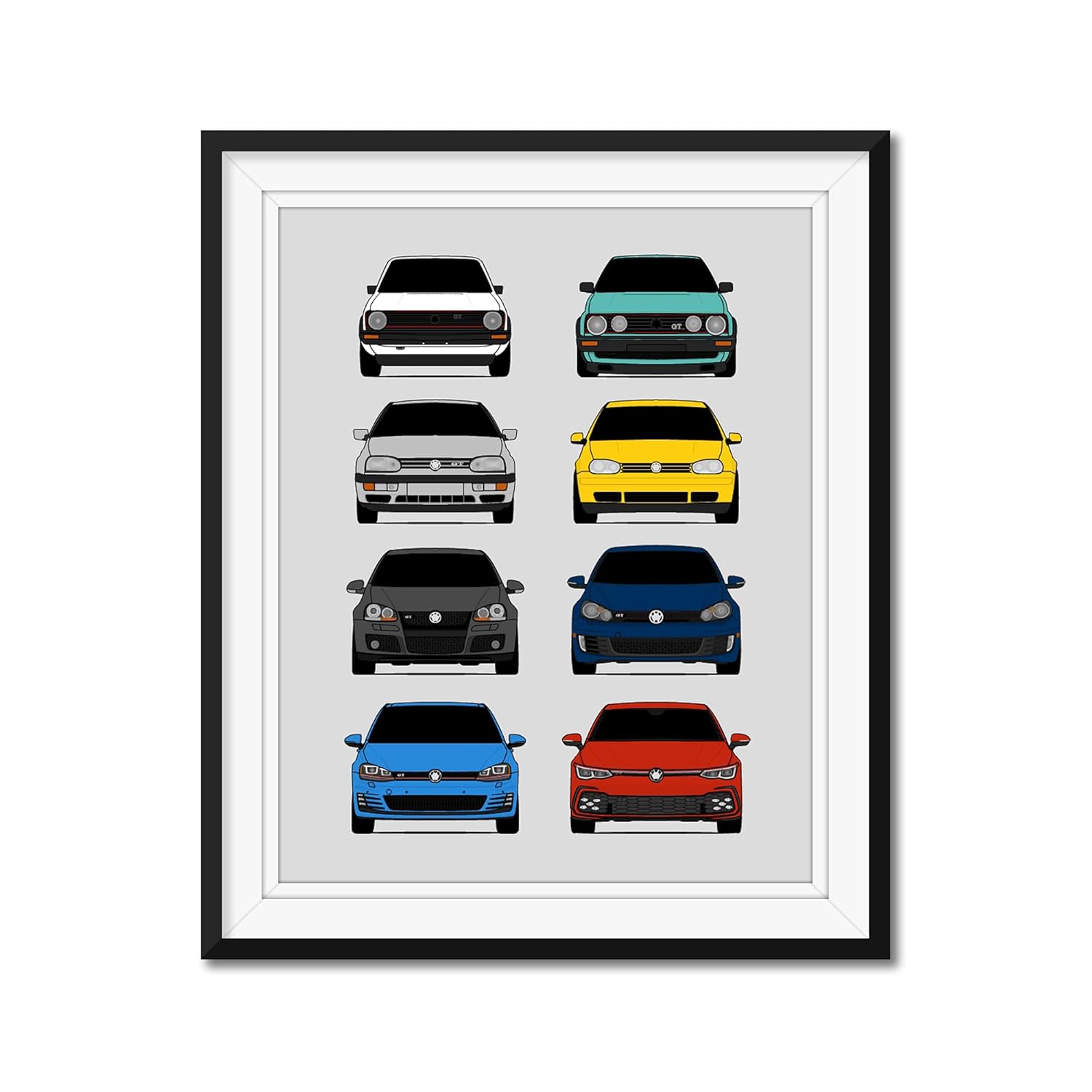 Volkswagen Golf GTI Generations Inspired Car Poster – Handmade Print of VW GTI (Car Models MK1 to MK8) – Multi, 17×22″ Metallic Print (Unframed) –