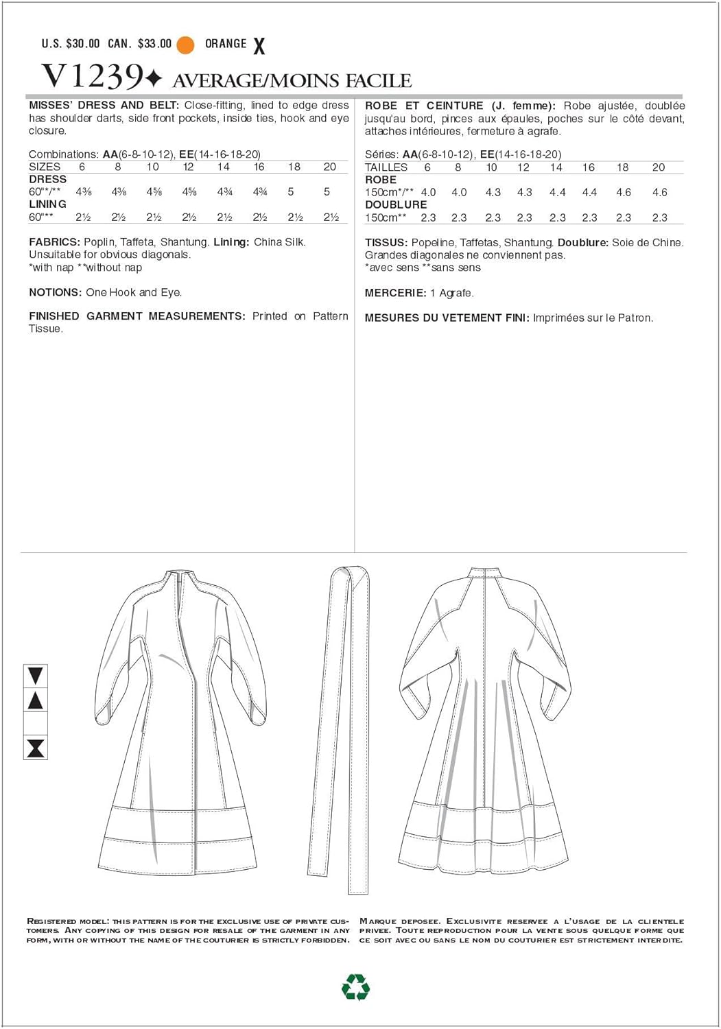 VOGUE PATTERNS V1239 Vestido y cinturón de señorita, talla AA (6-8-10-12)