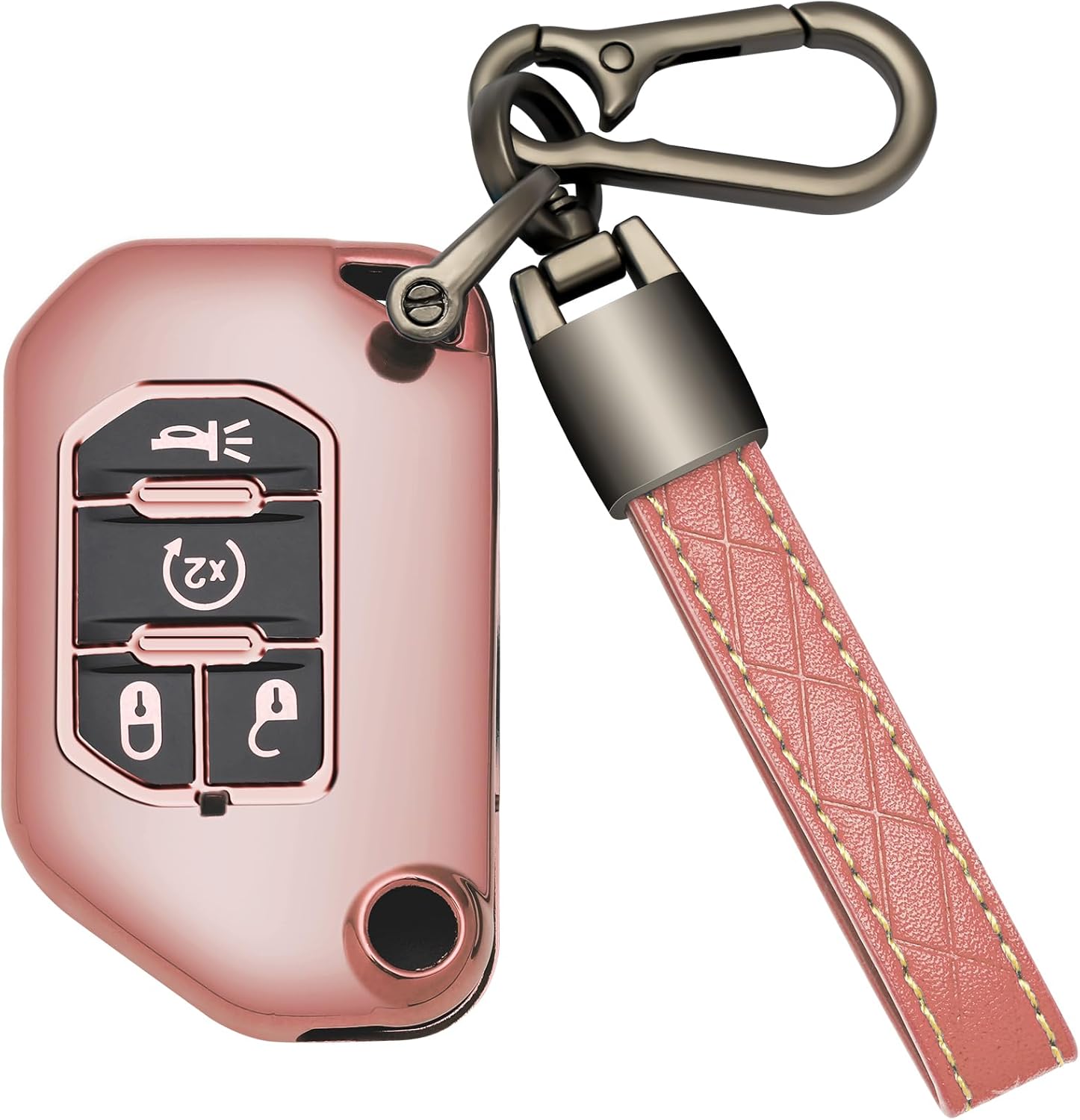 Funda para llavero Jeep, TPU con llavero con llavero de protección de 360 grados para Jeep Wrangler Gladiator JL JLU Rubicon 4 botones (oro rosa)