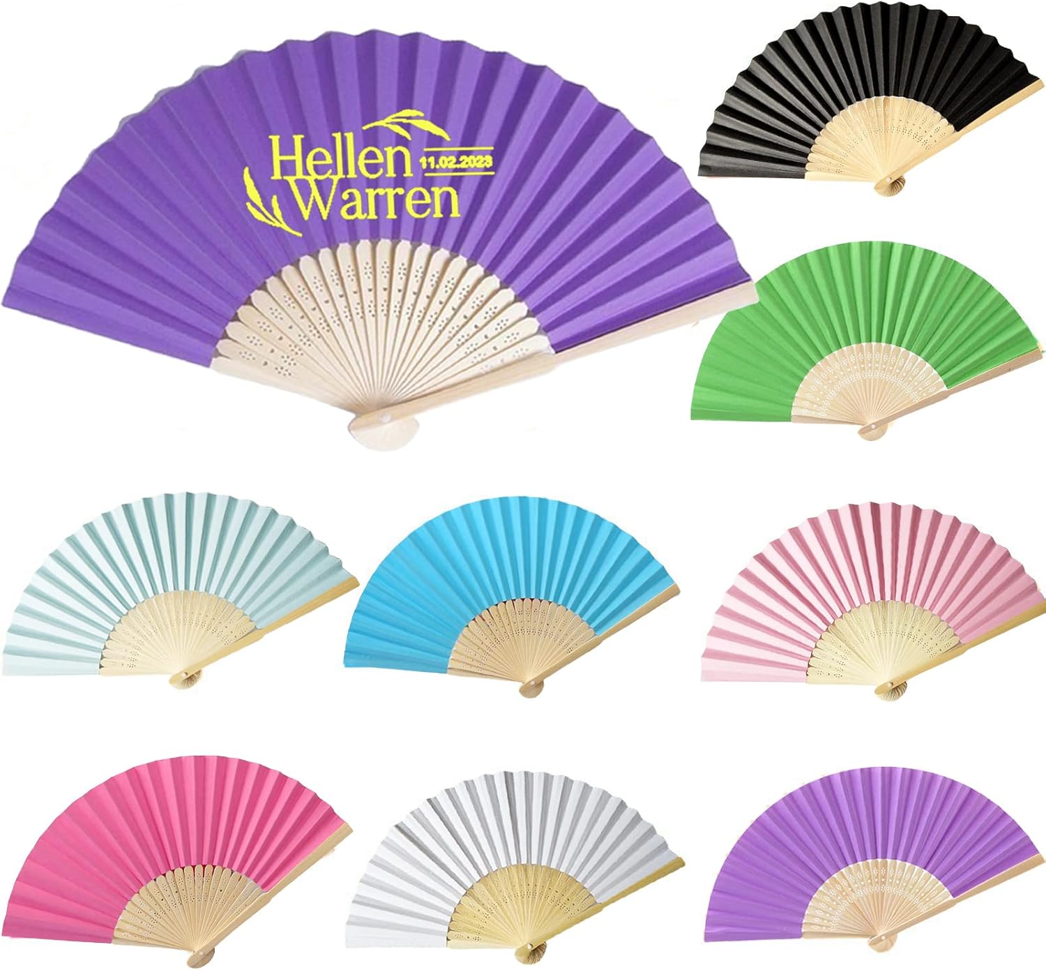 Ventiladores de papel personalizados a granel ventiladores plegables de bambú personalizados ventilador plegable de mano para regalo de boda de