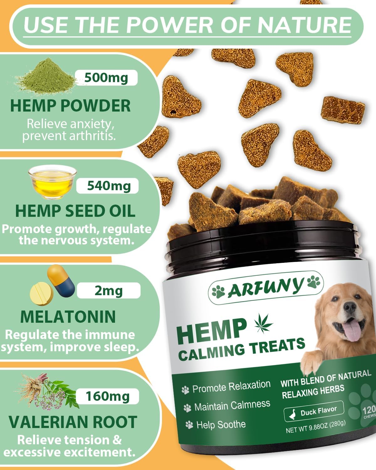 Masticables calmantes de cáñamo para perros para la ansiedad, masticables calmantes con sabor a pato, 120 masticables masticables para perros,