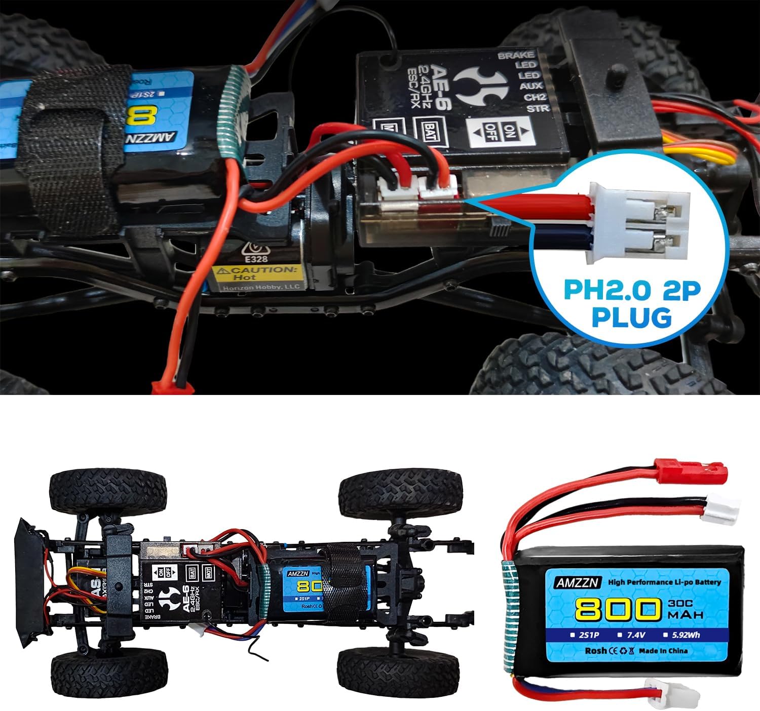 2 baterías Lipo de 7.4V 30C 2S 800mAh con enchufe JST y enchufe PH2.0 + carga 2 en 1 para batería de automóvil SCX24 RC, compatible con la mayoría