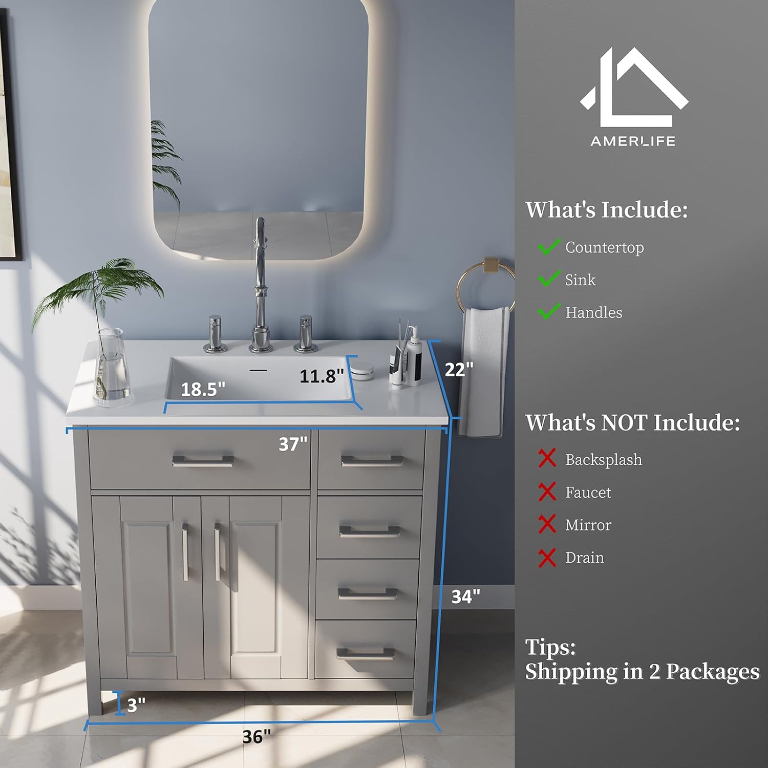 Combinación de tocador de baño de 36 pulgadas con lavabo, moderno juego de gabinete de baño individual pequeño con montaje inferior, incluye