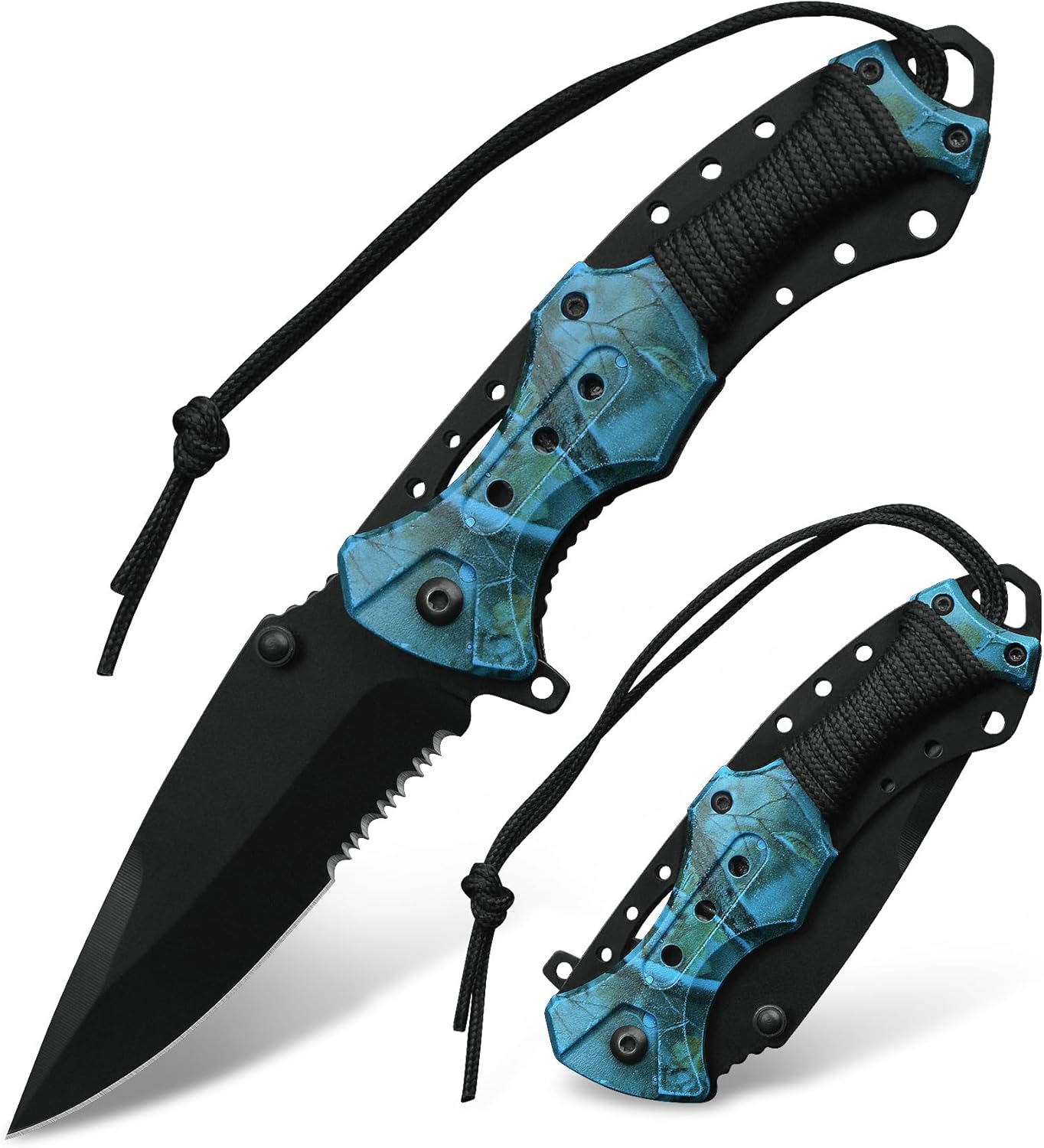 Cuchillo plegable afilado de 4.7 pulgadas, cuchillo dentado de bolsillo, cuchillos EDC con clip para cinturón y mango de cuerda para senderismo,
