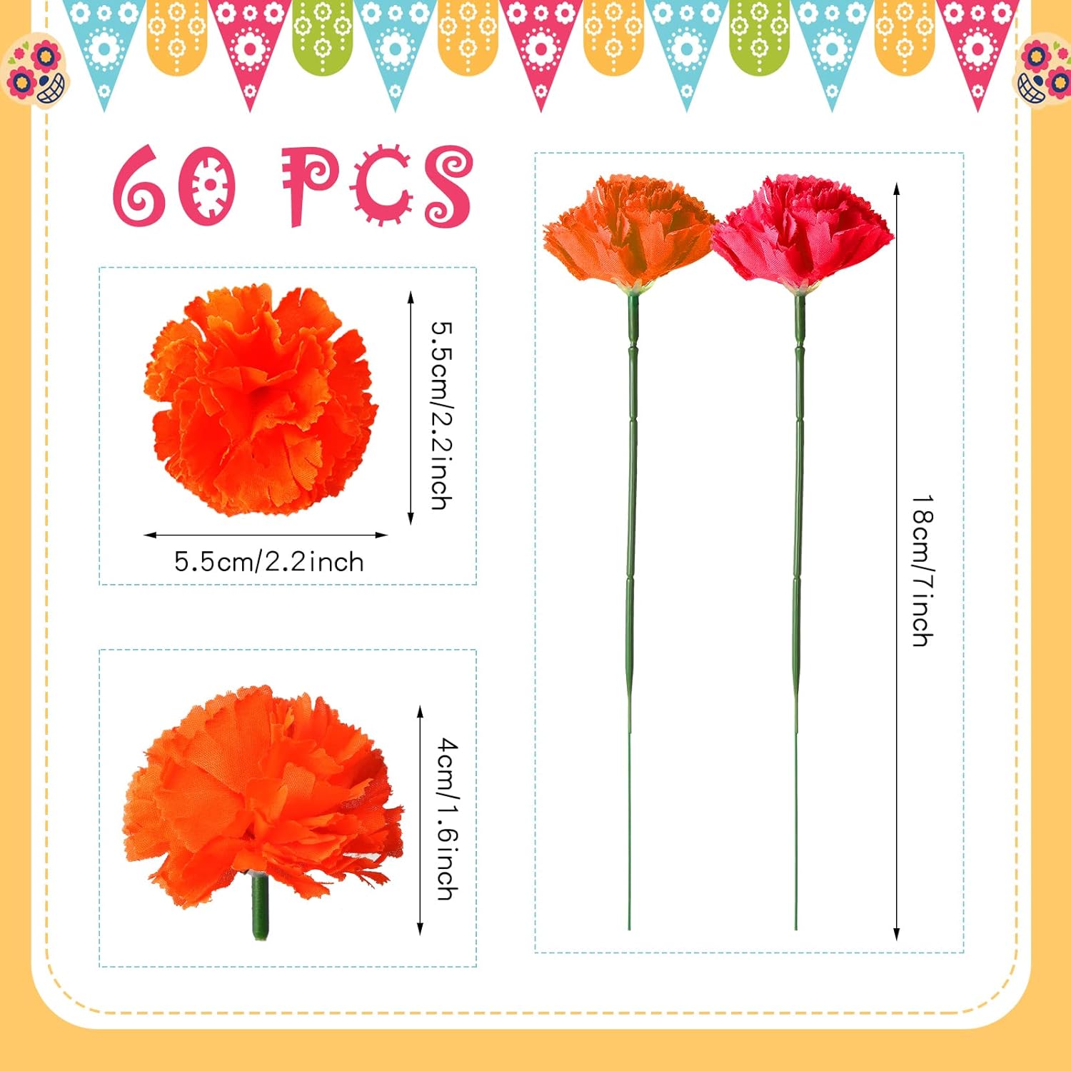 60 flores artificiales de caléndula sintética con tallos de Halloween, flores mexicanas falsas para fiesta del Día de los Muertos, flores para