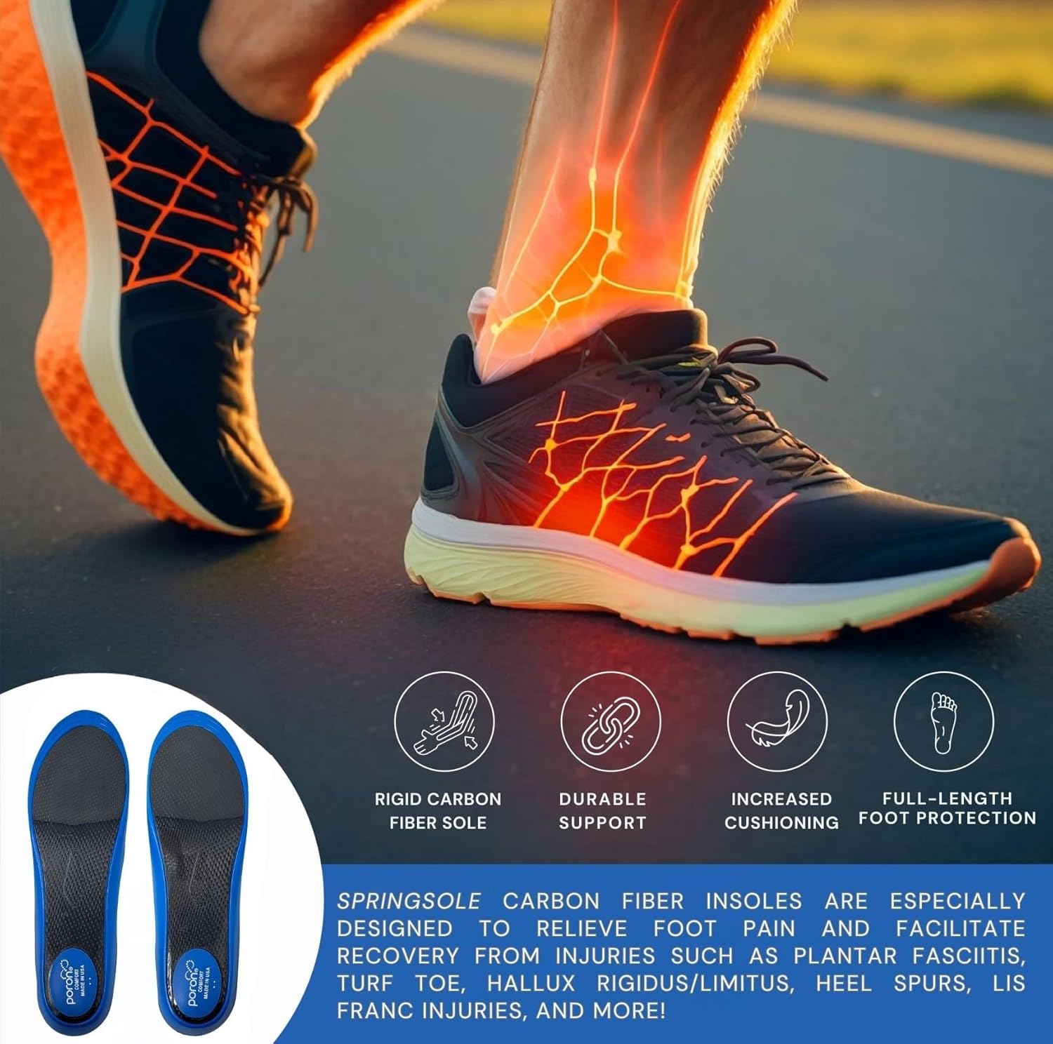 SpringSole Plantillas de zapatos de fibra de carbono para hombres y mujeres con soporte ergonómico de arco ortopédico, estabilidad elevada del pie