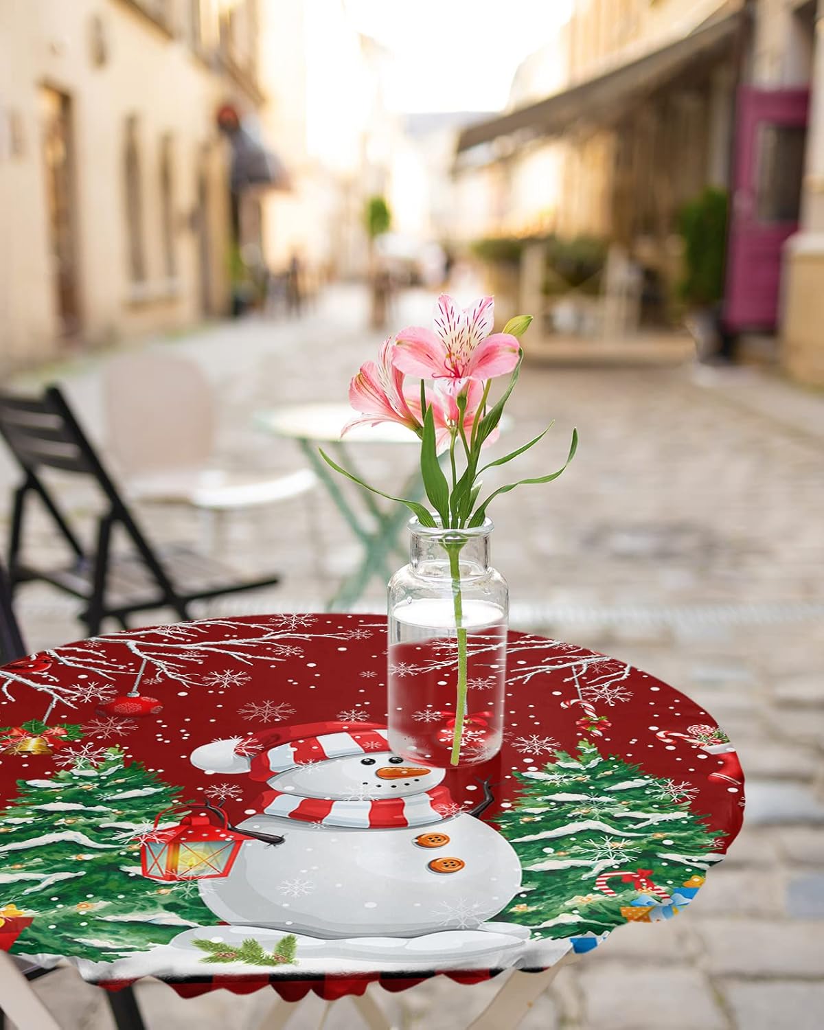 Mantel redondo ajustable con diseño de muñeco de nieve de dibujos animados para mesas de comedor, mantel con bordes elásticos, árboles de Navidad de