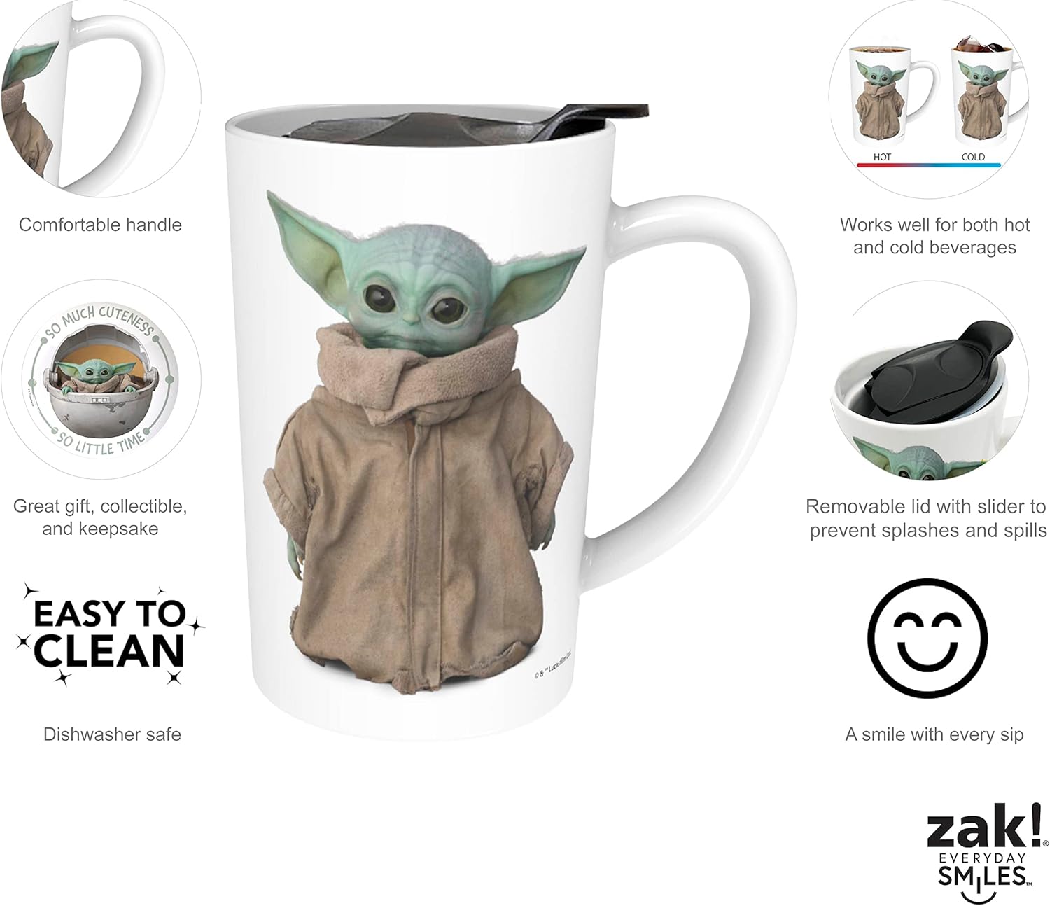 Zak Designs Star Wars The Mandalorian – Juego de tazas y platos de cerámica para café, té, desayuno o postre con tapa de taza de viaje (2 piezas,