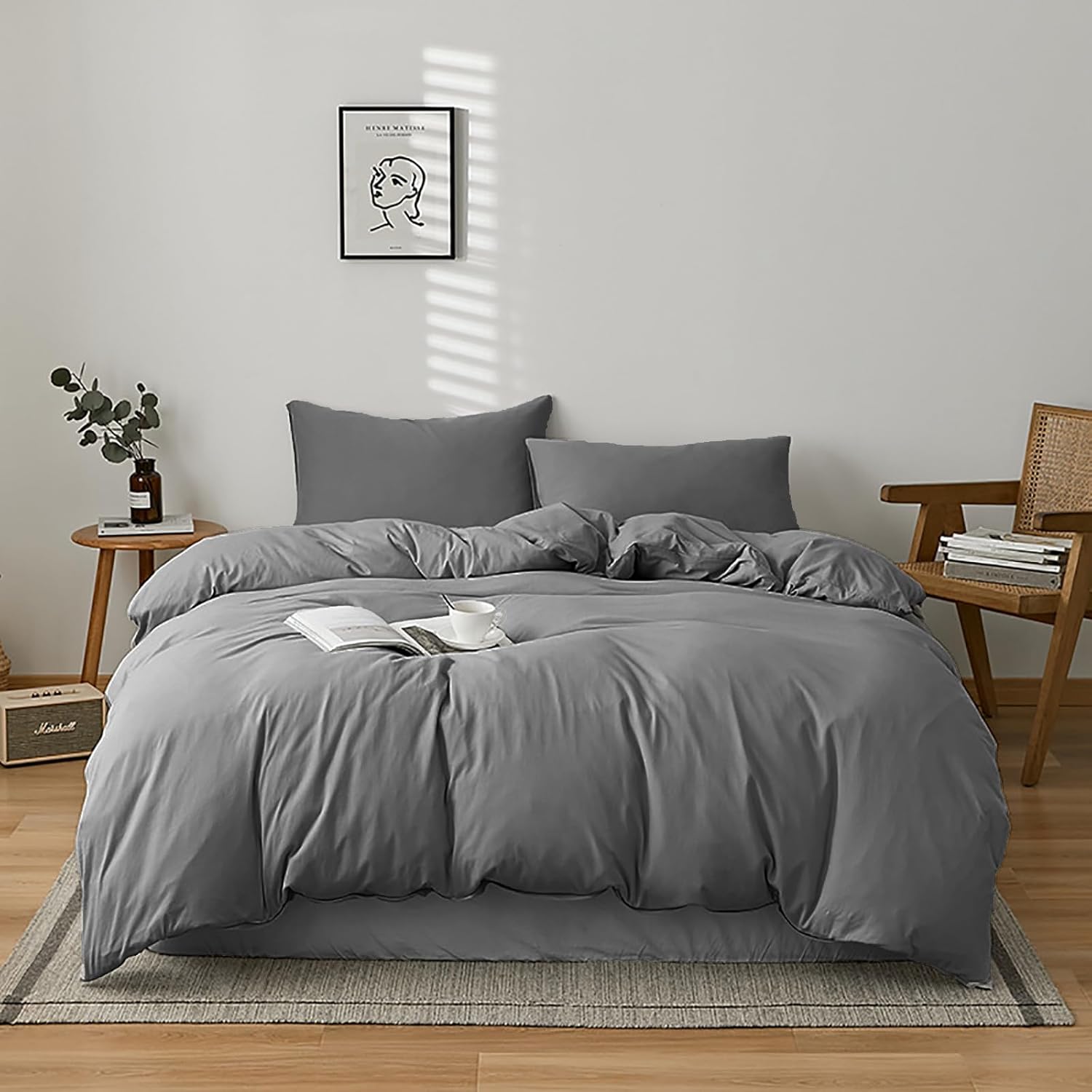 Cottonight – Juego de edredón 3 piezas, unicolor, moderno, suave, transpirable, individual, gris oscuro