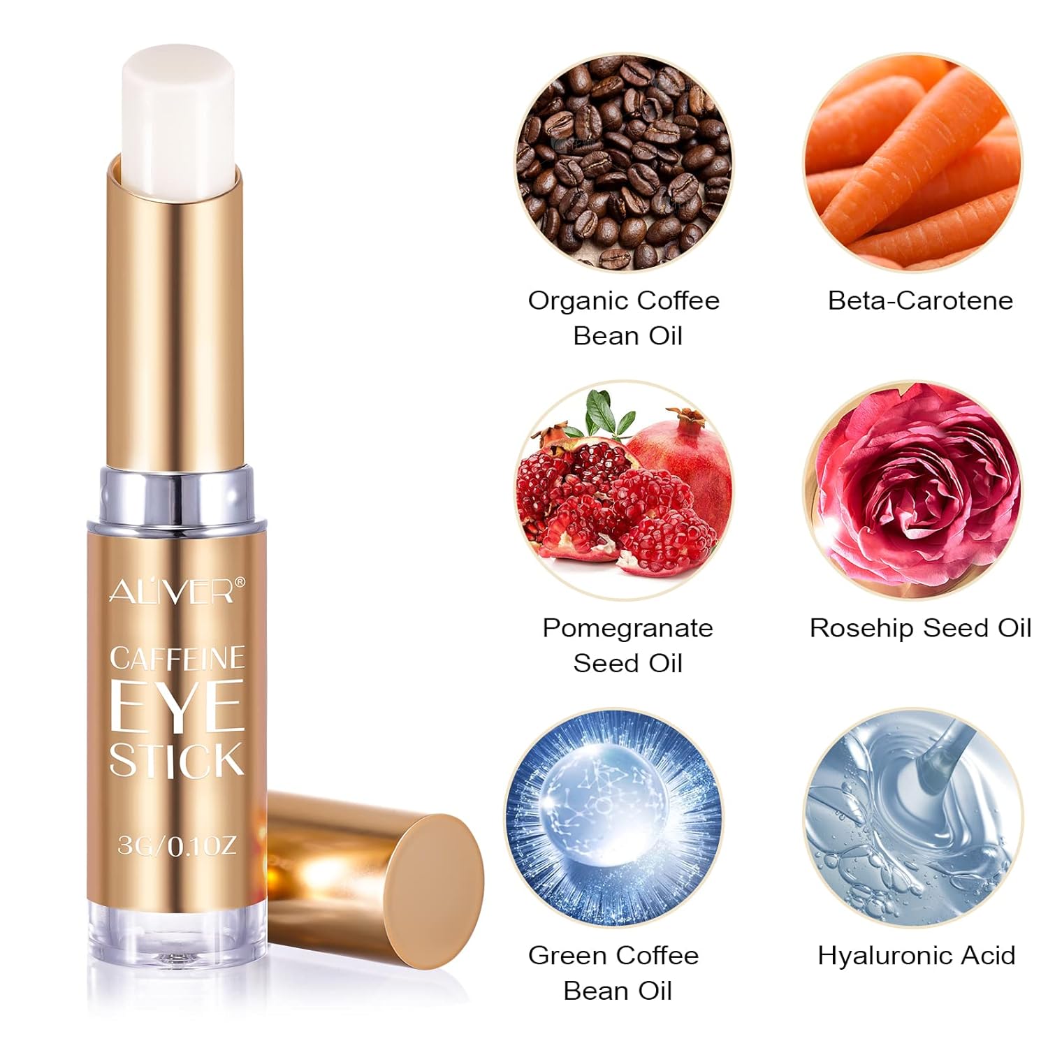Barra de ojos con cafeína, reduce la hinchazón de los ojos y las ojeras, difumina las líneas finas, incluye cafeína, ácido hialurónico, vitamina C,