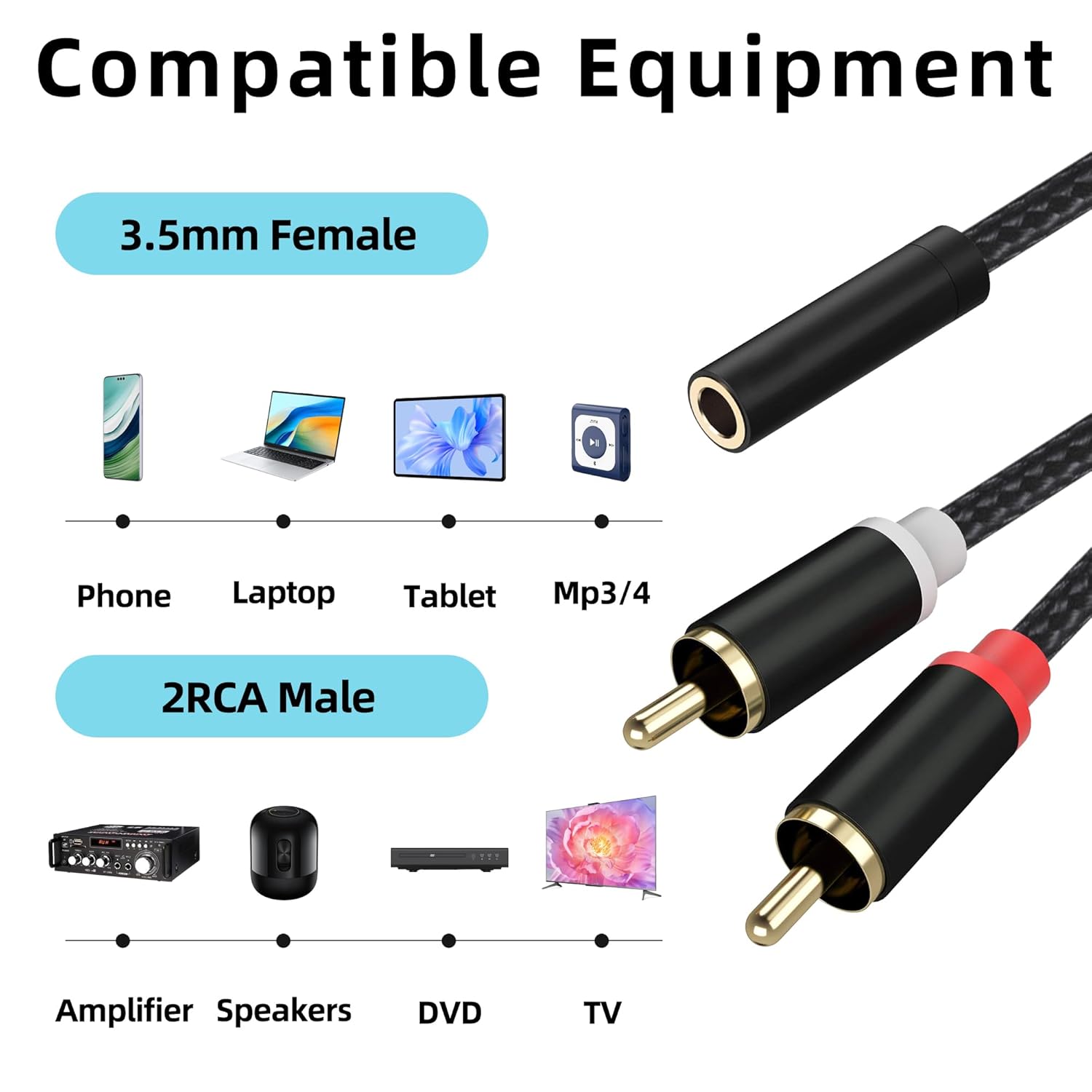 Cable estéreo hembra de 0.138 in a 2 RCA macho, cable auxiliar auxiliar en Y bidireccional de 0.138 in a RCA, adaptador chapado en oro compatible
