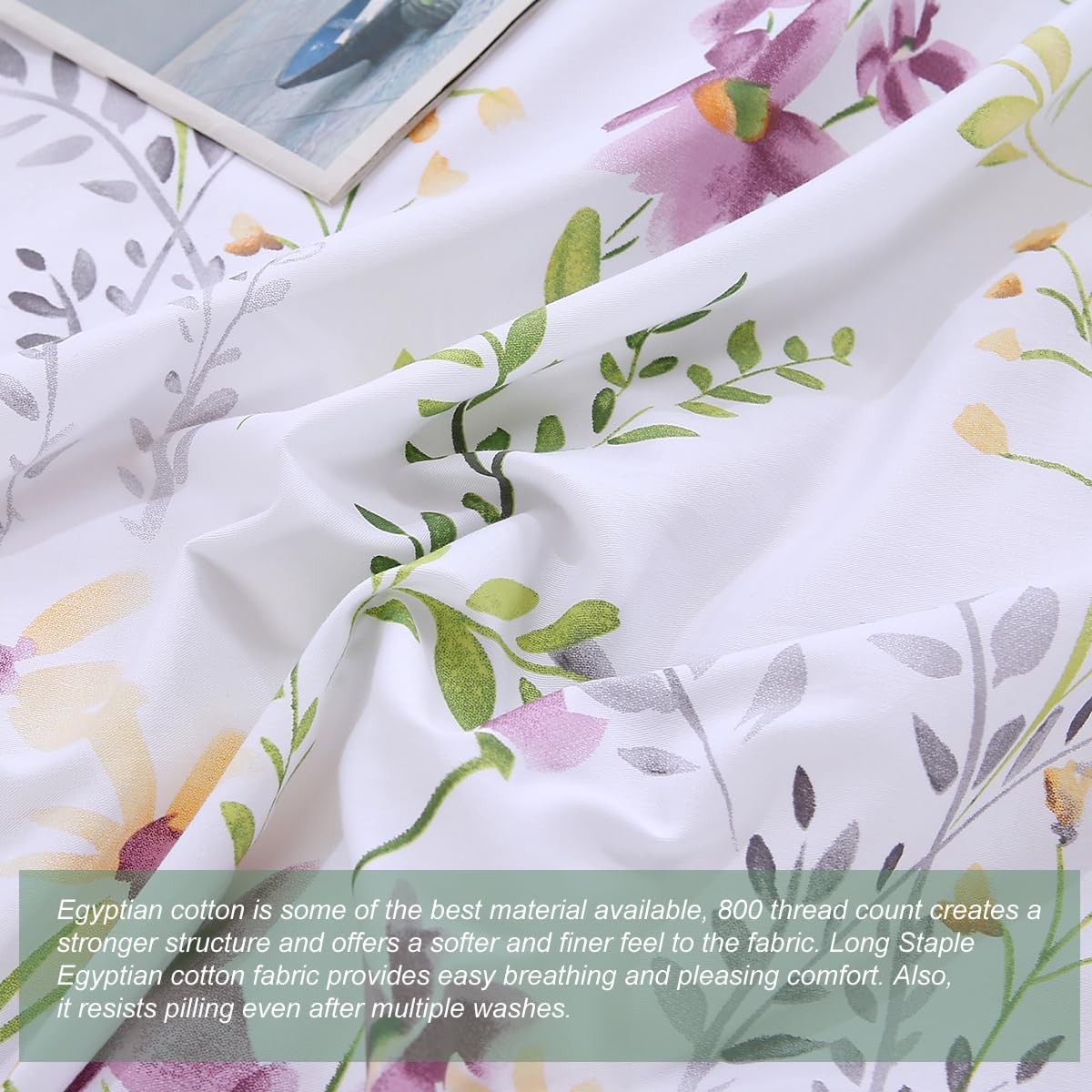 URBONUR Juego de funda de edredón de tamaño matrimonial de algodón egipcio con tejido de percal y diseño botánico, suave y sedoso, fresco (1 funda