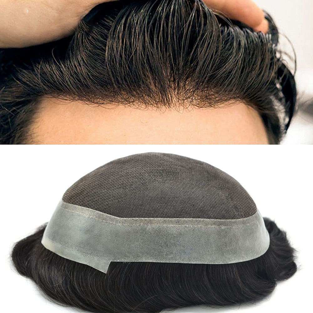 Pieza de cabello humano tipo tupé para hombre, suave encaje suizo para hombres, unidades de repuesto para sistema de cabello invisible, poliuretano
