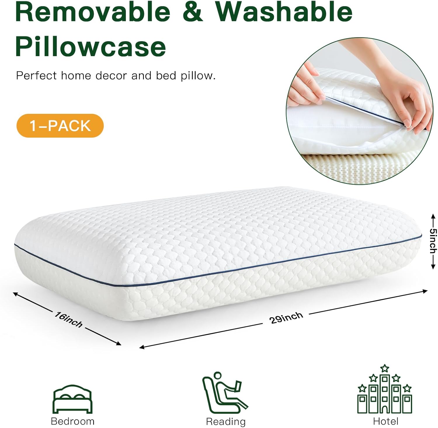 OTOSTAR Almohada de espuma viscoelástica, almohada de cama refrescante y ventilada con funda de almohada refrescante lavable, almohada de espuma