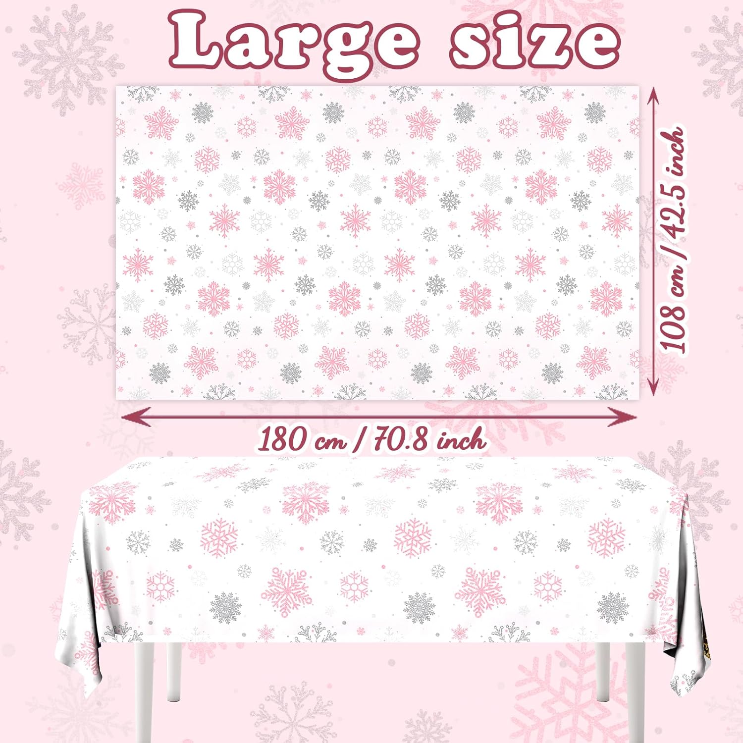 Mantel de invierno con diseño de copo de nieve, 3 piezas, decoración de fiesta de invierno, copos de nieve, rosa, blanco, temático de país de las