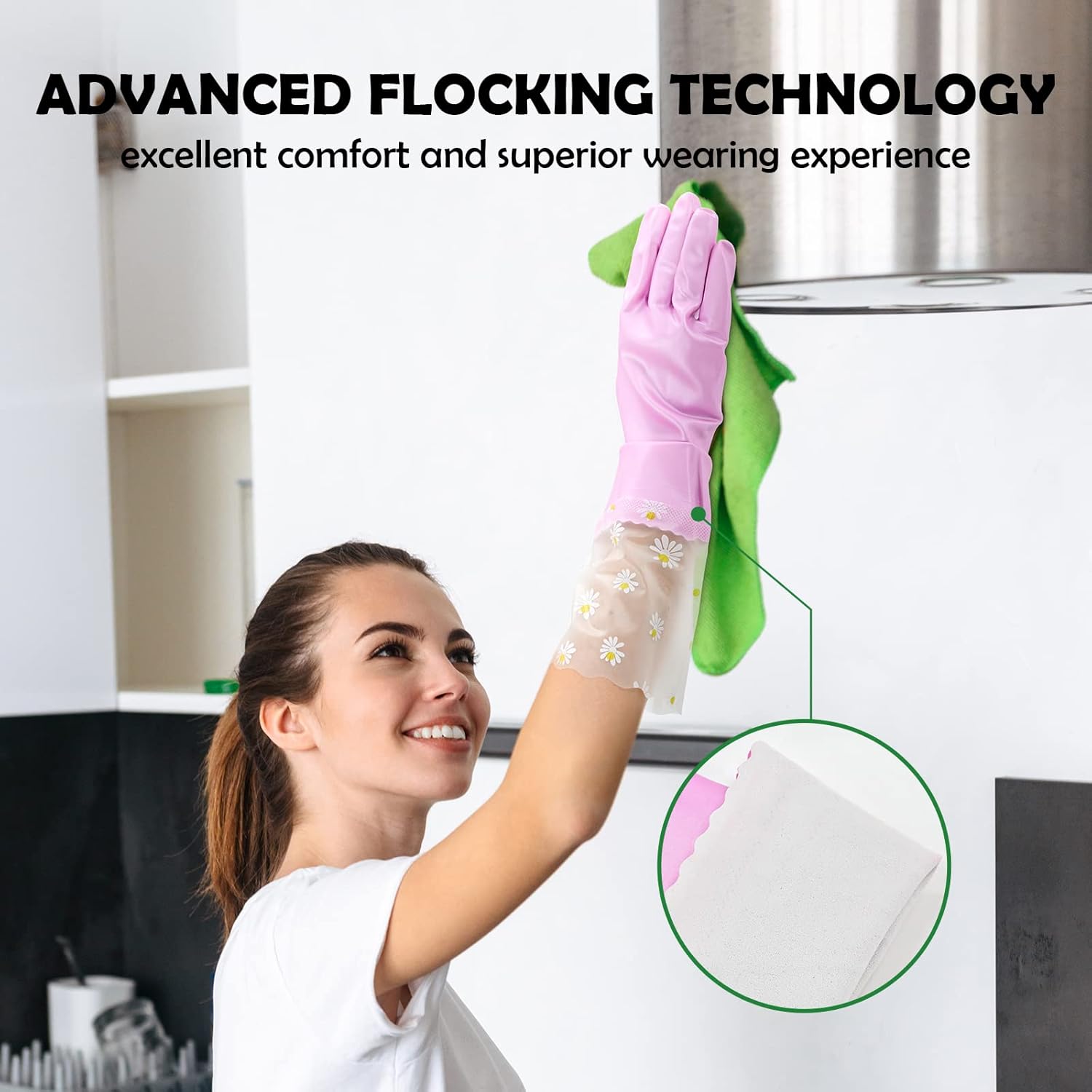 KAQ Guantes de goma para lavar platos de cocina, 3 pares de guantes de limpieza reutilizables para el hogar con forro de algodón, guantes de