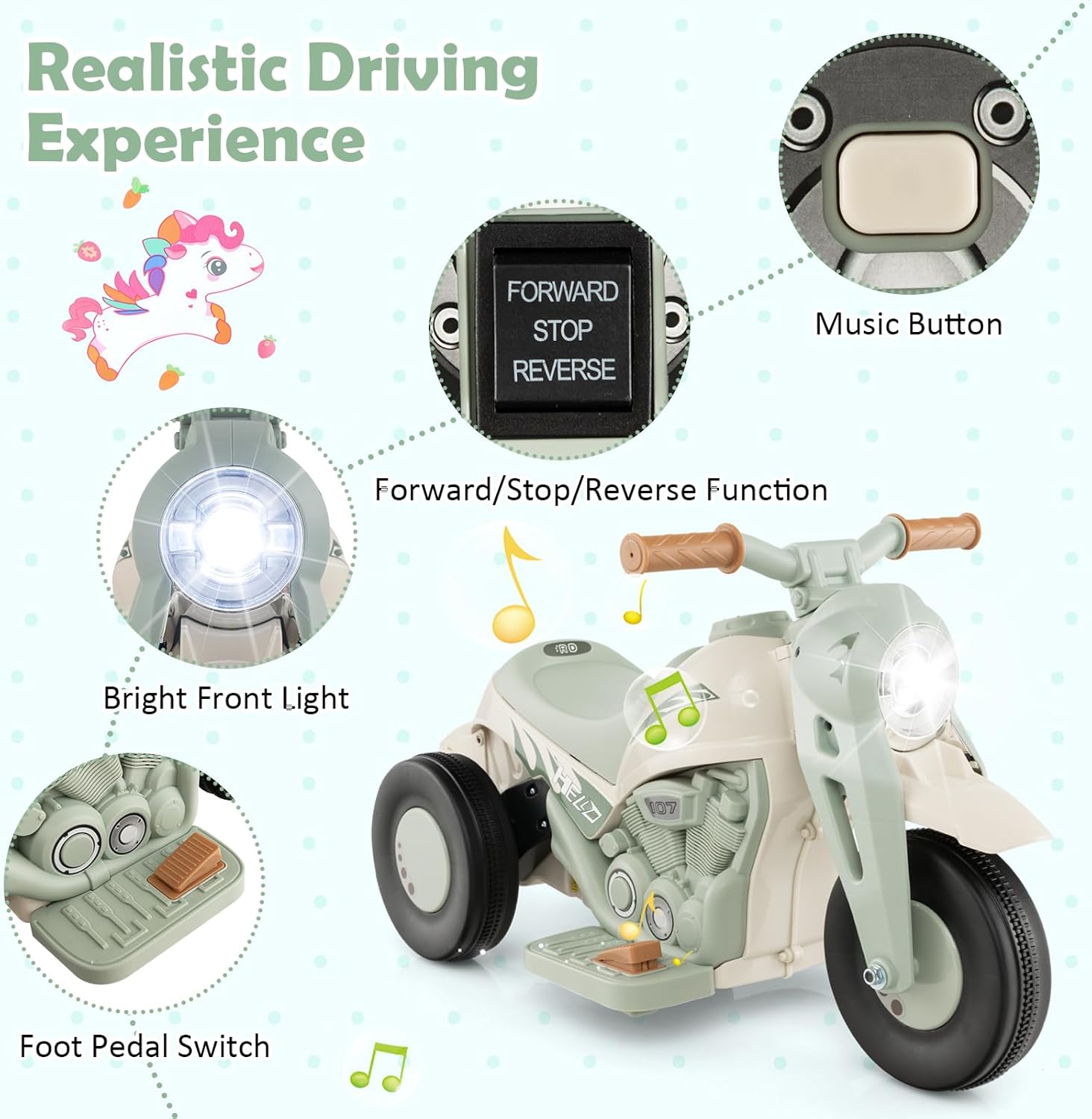 HONEY JOY Motocicleta de paseo de 6 V con fabricante de burbujas, luz LED, música, pedal de pie, adelanteatrás, motocicleta eléctrica de 3 ruedas