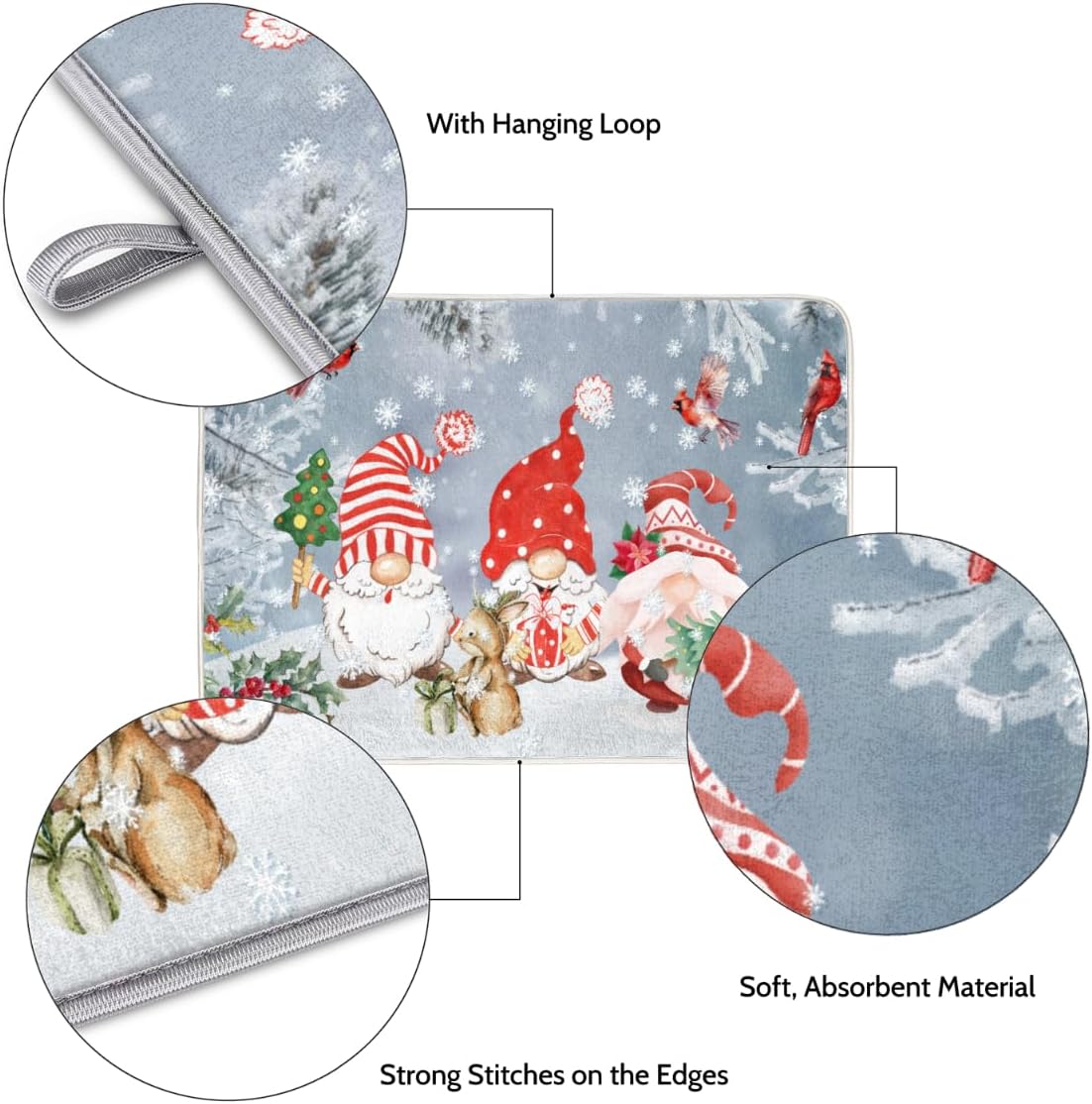 Tapete de secado de platos de Navidad, gnomos de invierno, almohadilla de secado de platos para encimera de cocina, tapete escurridor de platos