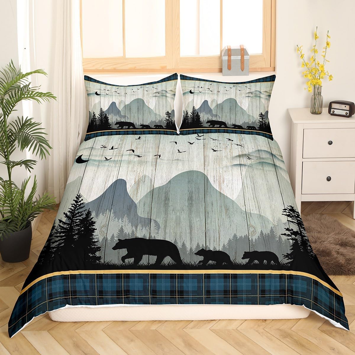 Juego de ropa de cama de oso rústico tamaño individual para mujeres adultas, funda de edredón con estampado de oso salvaje y animales salvajes,