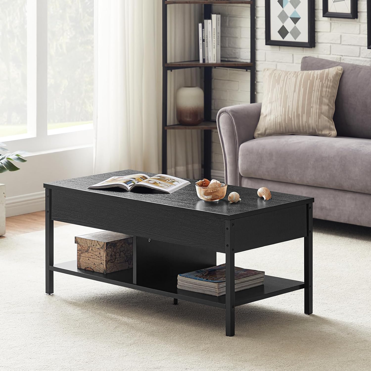 Vibe & Dine Mesa de centro elevable con compartimento oculto y estante de almacenamiento, mesa central de madera para sala de estar, oficina, sala