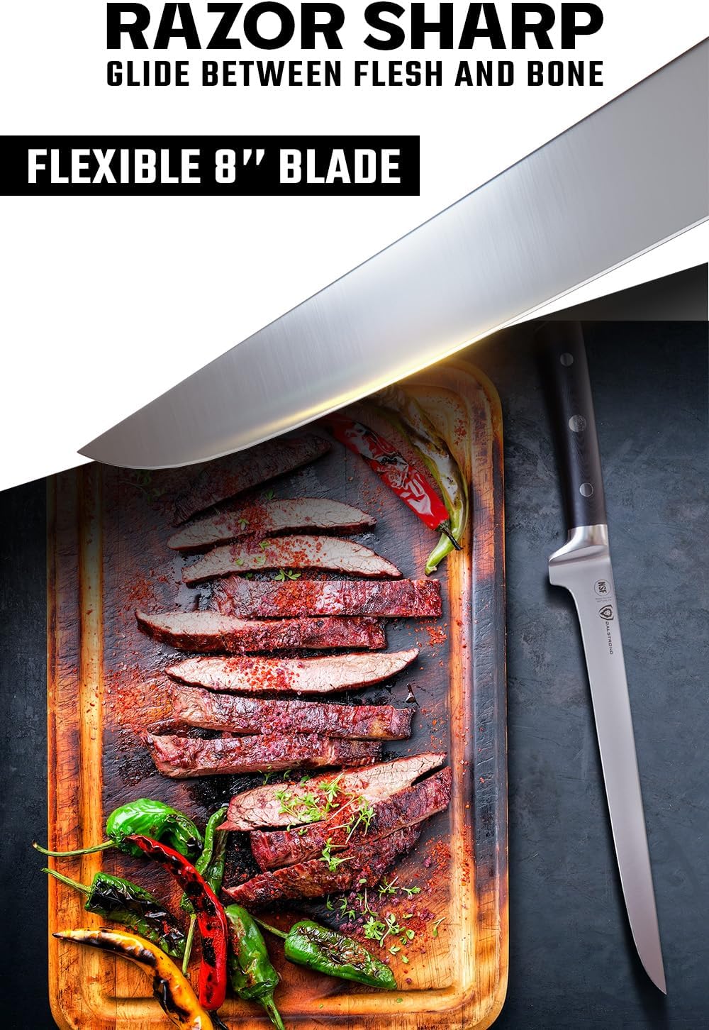Dalstrong Cuchillo deshuesador  Hoja flexible de 8 pulgadas  Gladiator Series Elite  Cuchillo de cocina alemán forjado de acero de alto carbono
