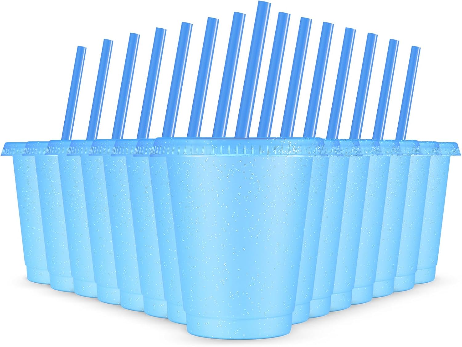 Rtteri 15 vasos reutilizables con popotes y tapas, vasos de plástico con purpurina de 16 onzas, vasos de plástico para recuerdos de fiesta con