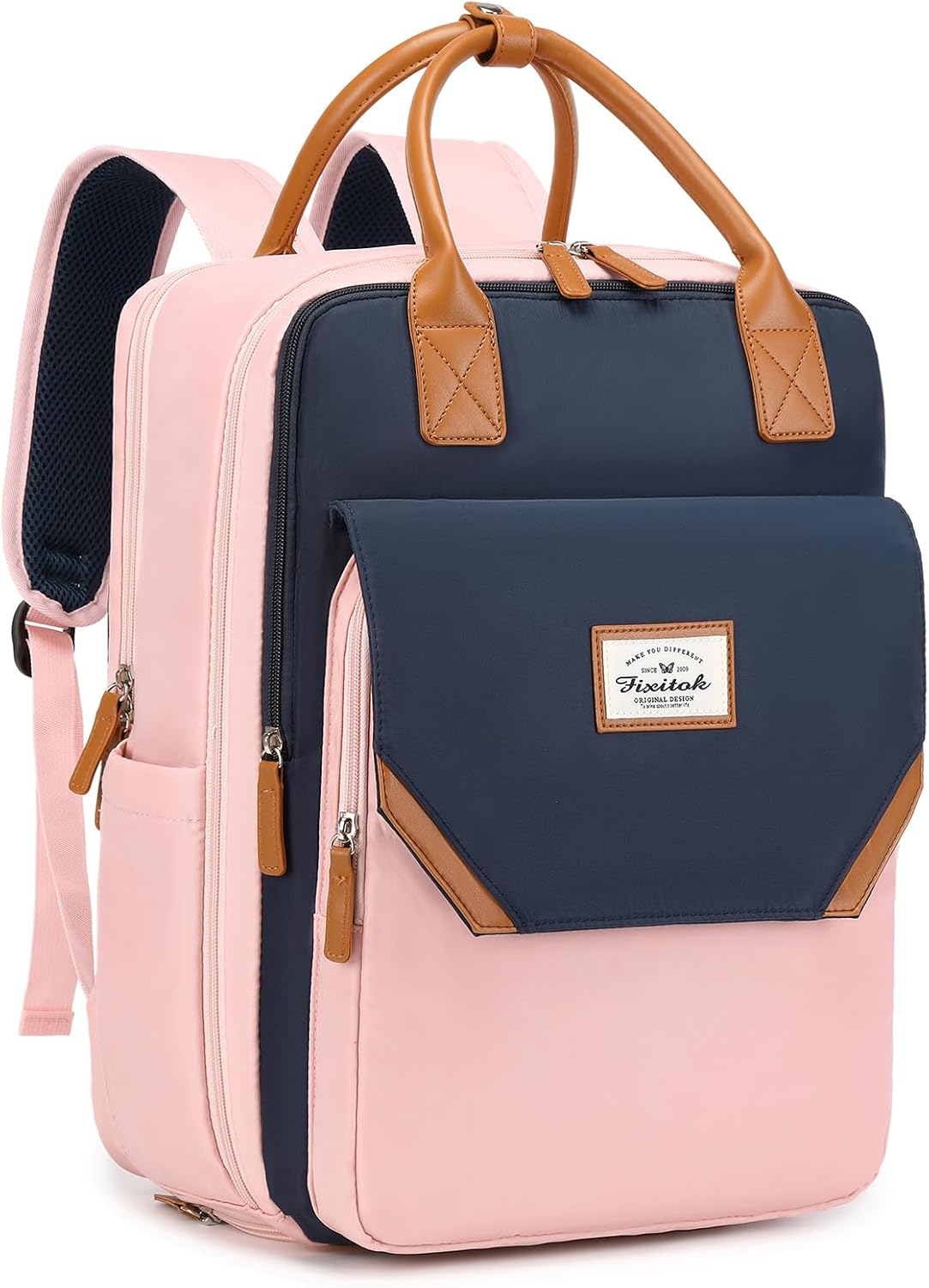 FIXITOK Mochila de viaje grande para mujer, 40L, mochila de equipaje personal, mochila casual, Azul oscuro-rosa, Mochilas de viaje