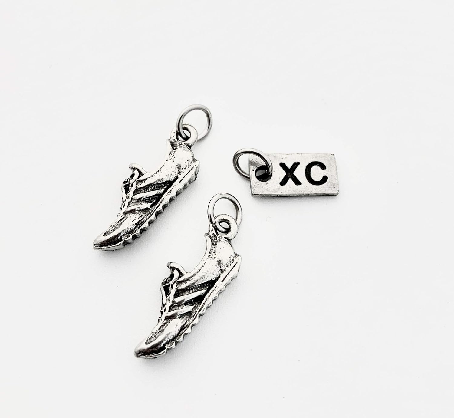 Pewter Running SHOE XC Charm Set – Pair of Running Shoe Charms – 2 Pewter Running Shoe Charms and 1 Pewter XC Charm in Organza Bag – All Pewter XC