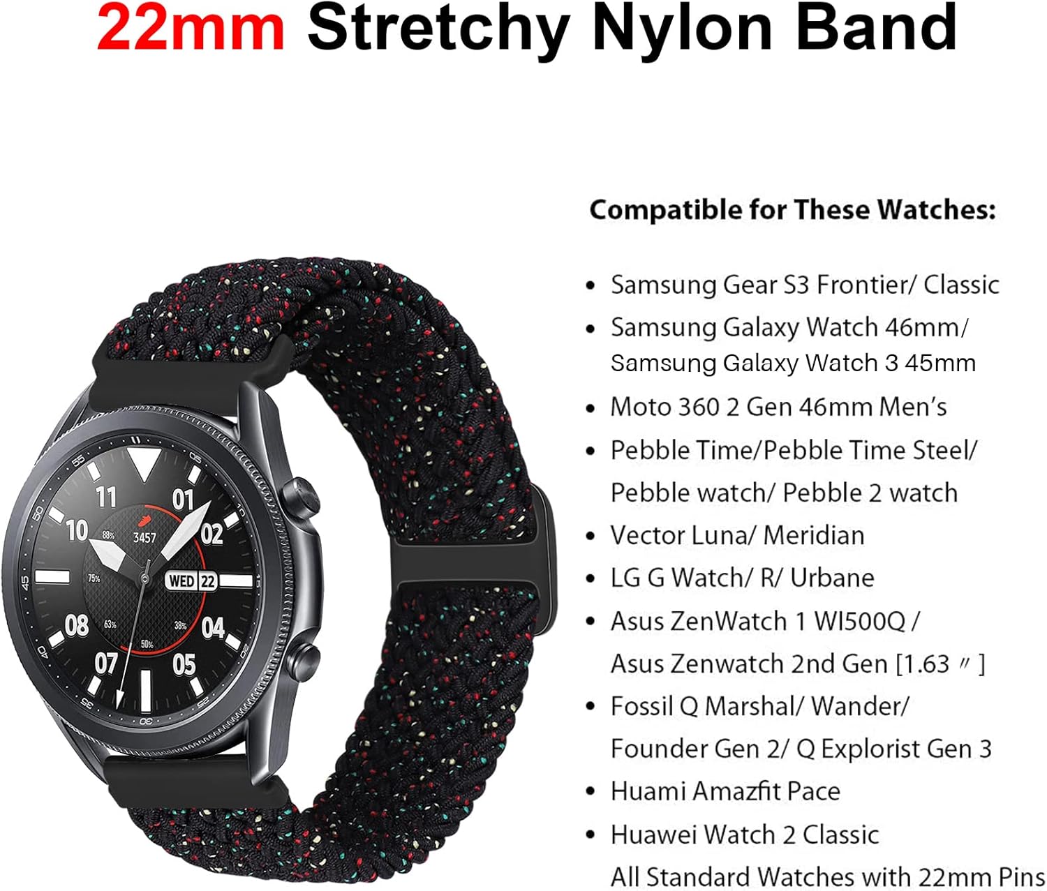 Correa de nailon trenzada Solo Loop de 0.866in, compatible con Samsung Galaxy Watch Gear S31.811in, correa elástica de repuesto para mujeres y