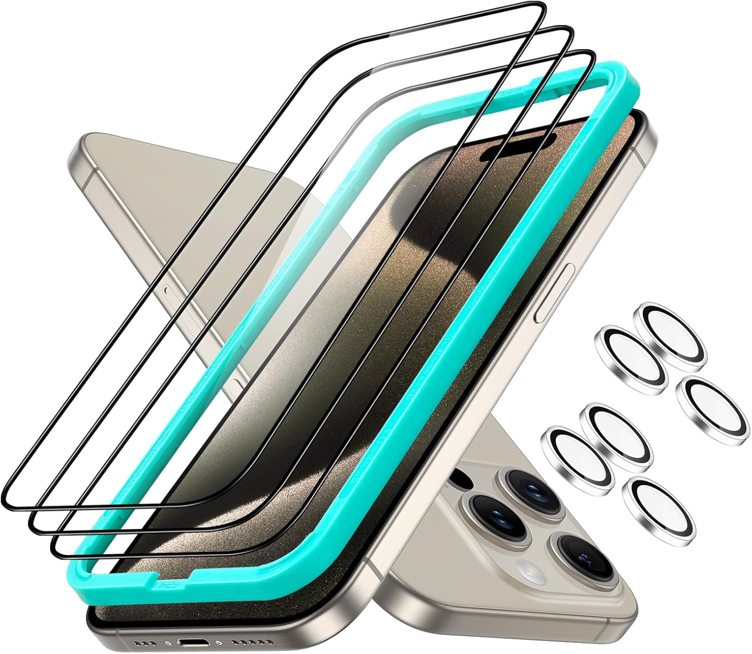 ESR Juego de 3+2 protectores de pantalla Armorite para iPhone 15 Pro Max, vidrio templado ultra resistente, marco de fácil instalación, paquete de 3