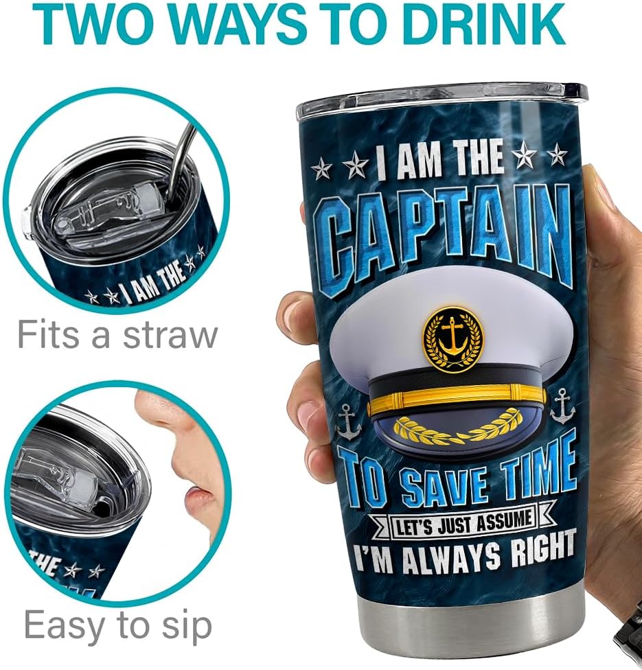 SANDJEST Vaso de capitán de 20 onzas, regalos para hombres, barcos, propietarios de barcos, vasos aislados de acero inoxidable, taza de café, taza