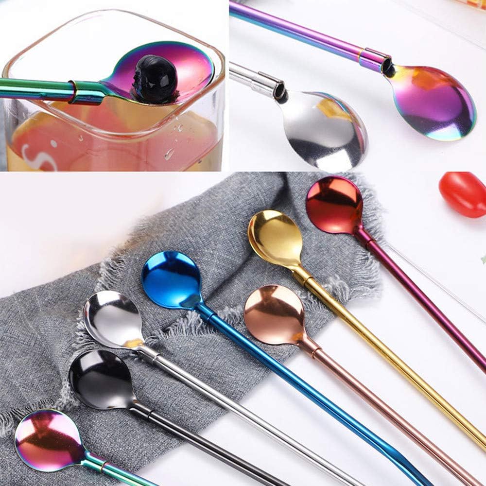 Falytemow Cucharas de acero inoxidable reutilizables, cucharas de cóctel de metal, pajitas con cepillo de limpieza largo para bebida, batidos,