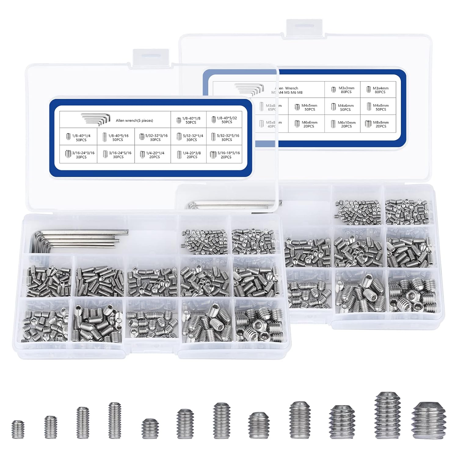 Juego de 1000 tornillos métricos + SAE, juego de tornillos Allen de punta de copa hexagonal interna, tornillos Allen de acero inoxidable 304 (M3-M8,