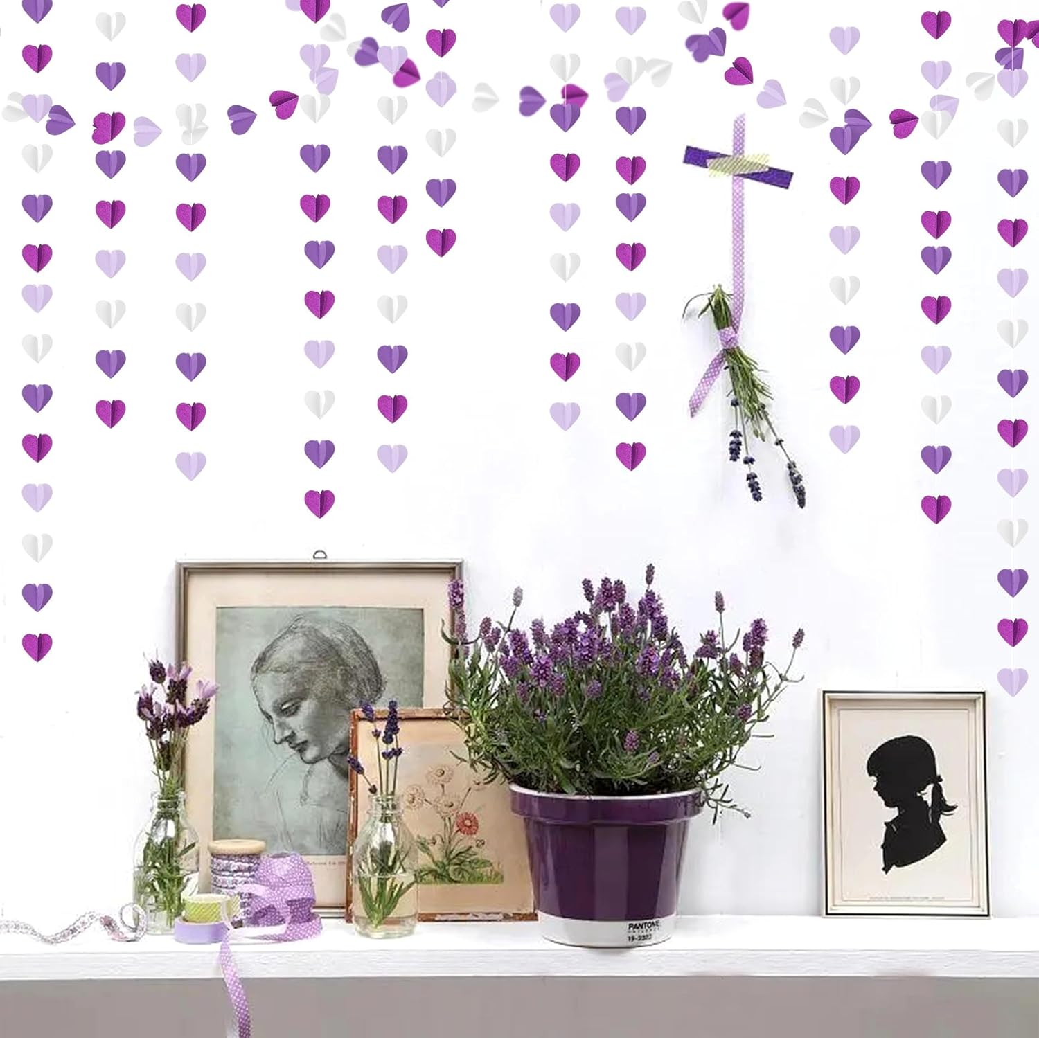 Guirnalda de corazones para decoración de fiesta de lavanda blanca y morada, 39 pies, suministros de cumpleaños 3D para mujeres y niñas, pancarta de