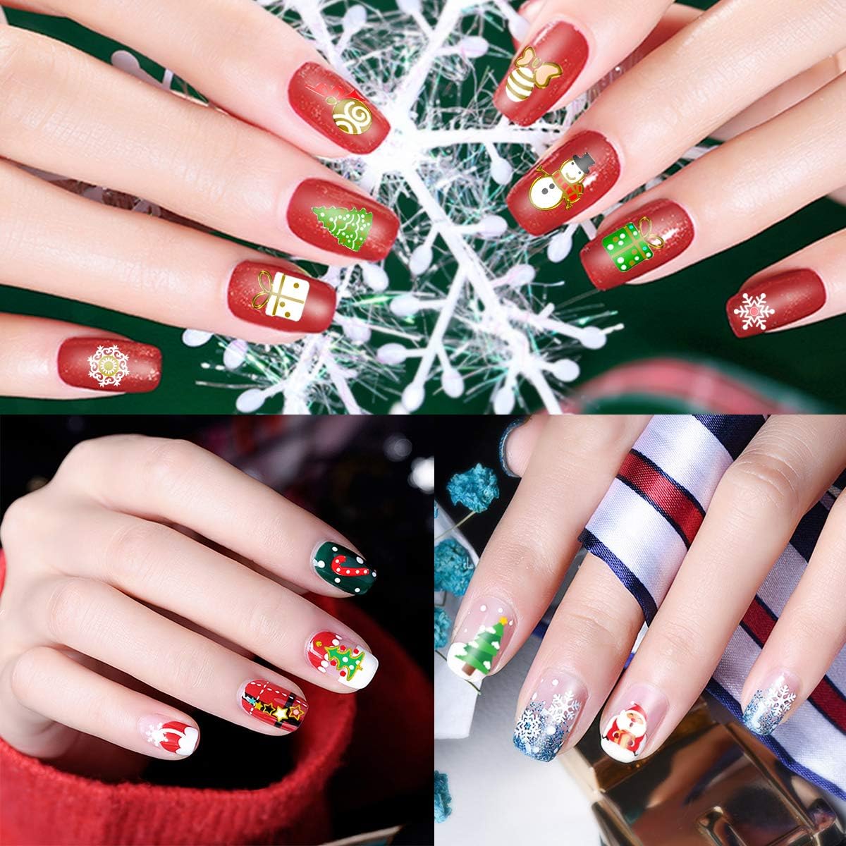 Calcomanías de uñas de Navidad, 12 hojas de calcomanías de arte de uñas, adhesivo 3D, copos de nieve de Navidad, patrón de bastón de caramelo, arte