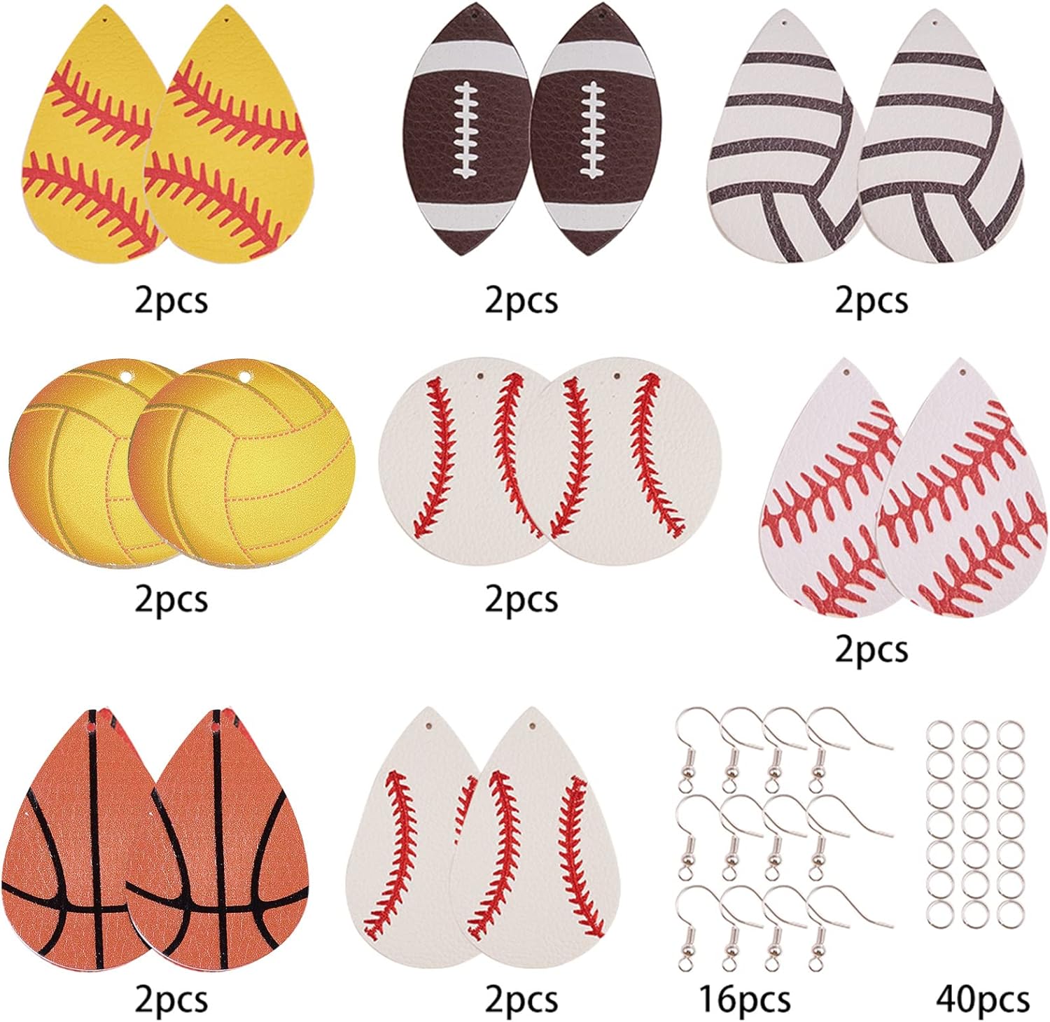 SUNNYCLUE DIY Make 8 pares de dijes deportivos de piel sintética para hacer aretes, kit de iniciación de fútbol americano, dijes de lágrima de