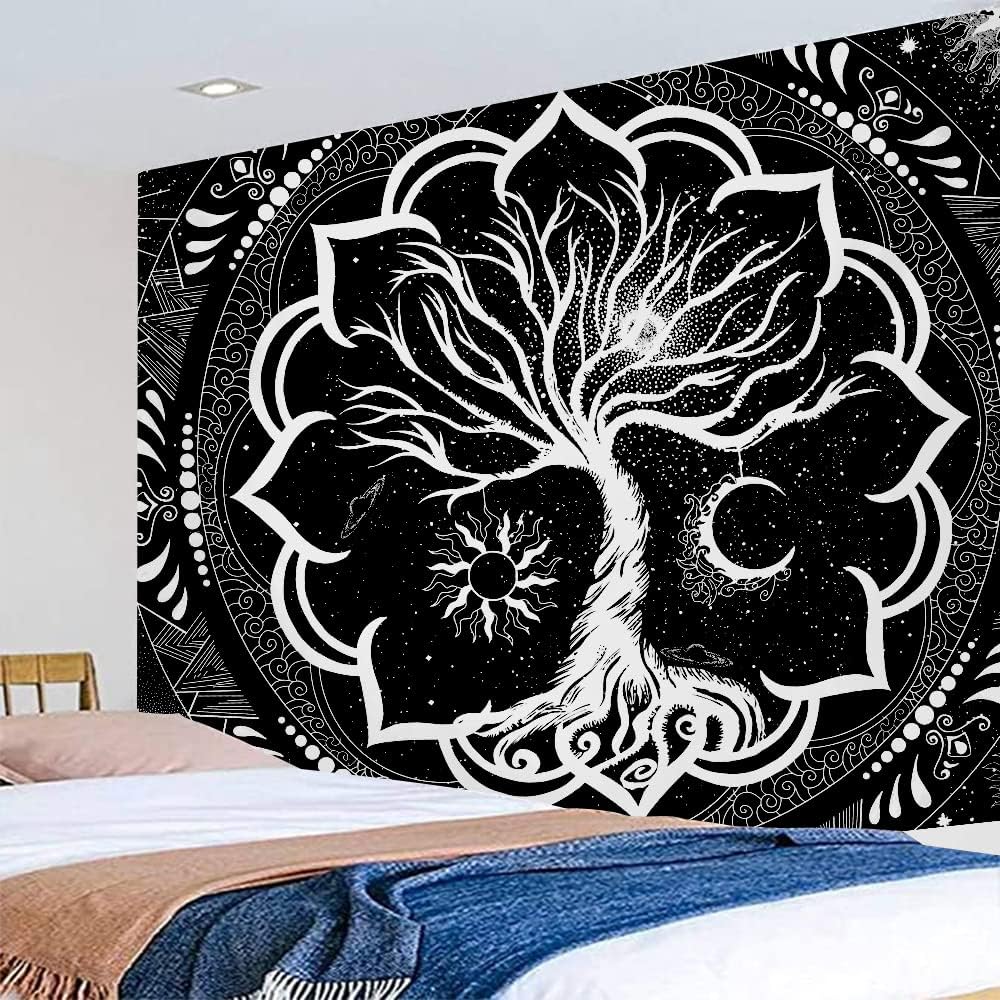 ARTHMOM Tapiz de árbol de la vida para dormitorio, estética de dormitorio, tapiz bohemio en blanco y negro, tapiz trippy de sol y luna con espacio