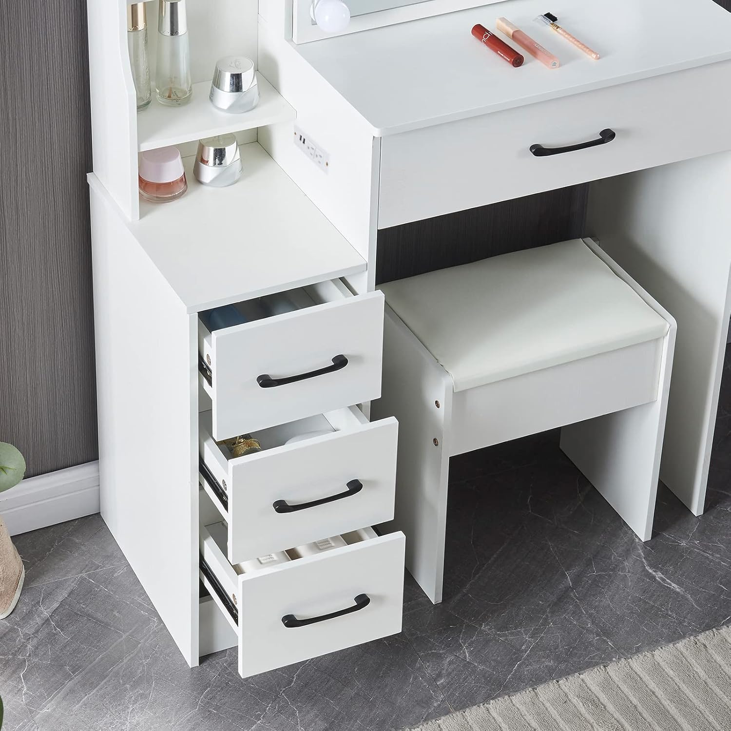 Mesa de tocador blanca con espejo y luces, espejo de tocador con luces, escritorio y silla para dormitorio, escritorio de tocador con 4 cajones de
