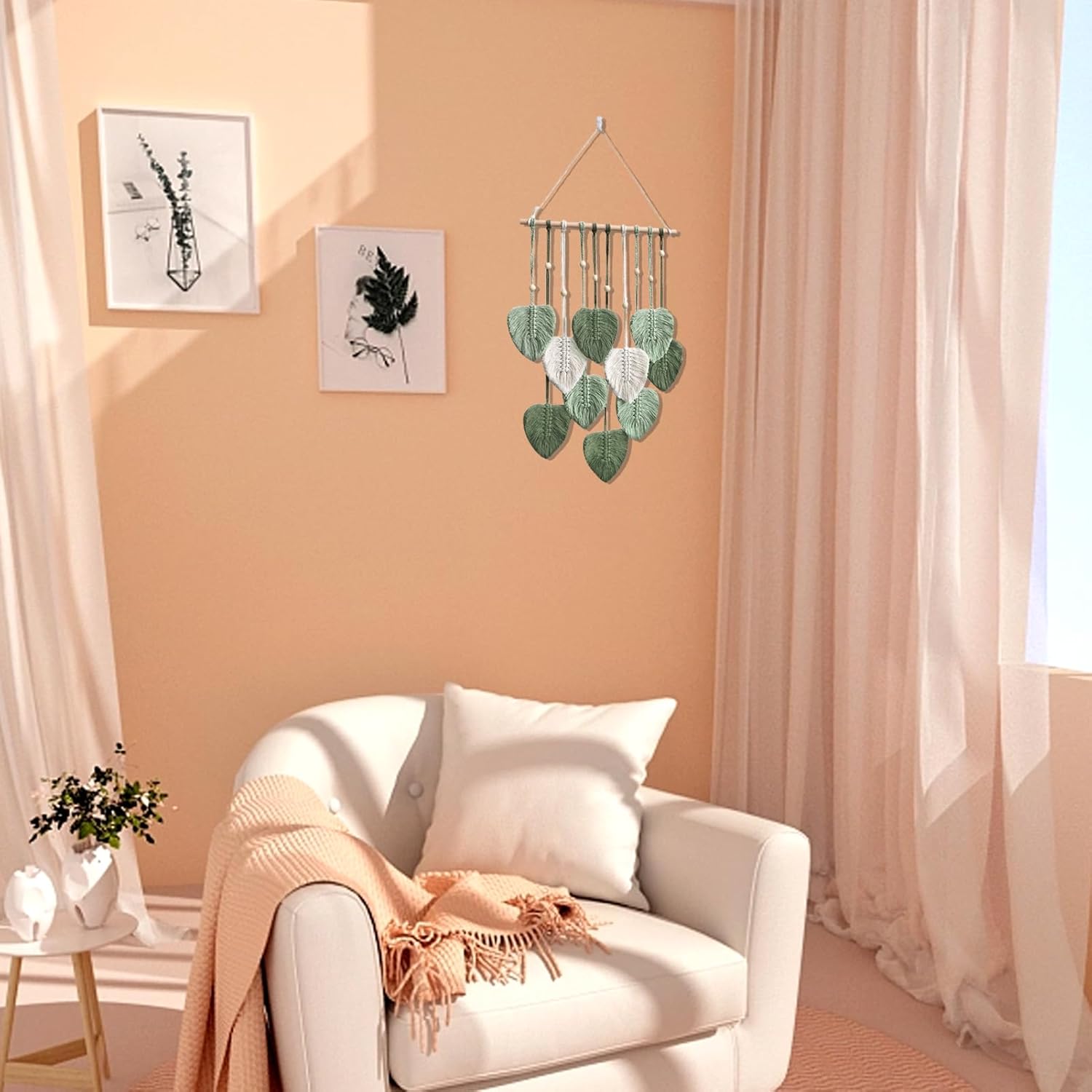 Tapiz de hojas bohemio para colgar en la pared, tapiz para colgar en la pared, hilo tejido de plumas hechas a mano, tapiz bohemio, decoración de