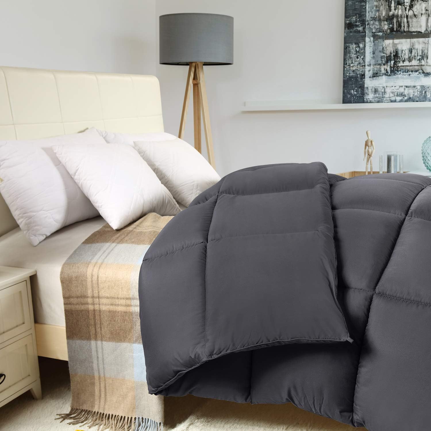 Utopia Bedding Relleno de edredón  Edredón acolchado con pestañas en las esquinas  Edredón alternativo cosido en caja King (gris, paquete de 3)
