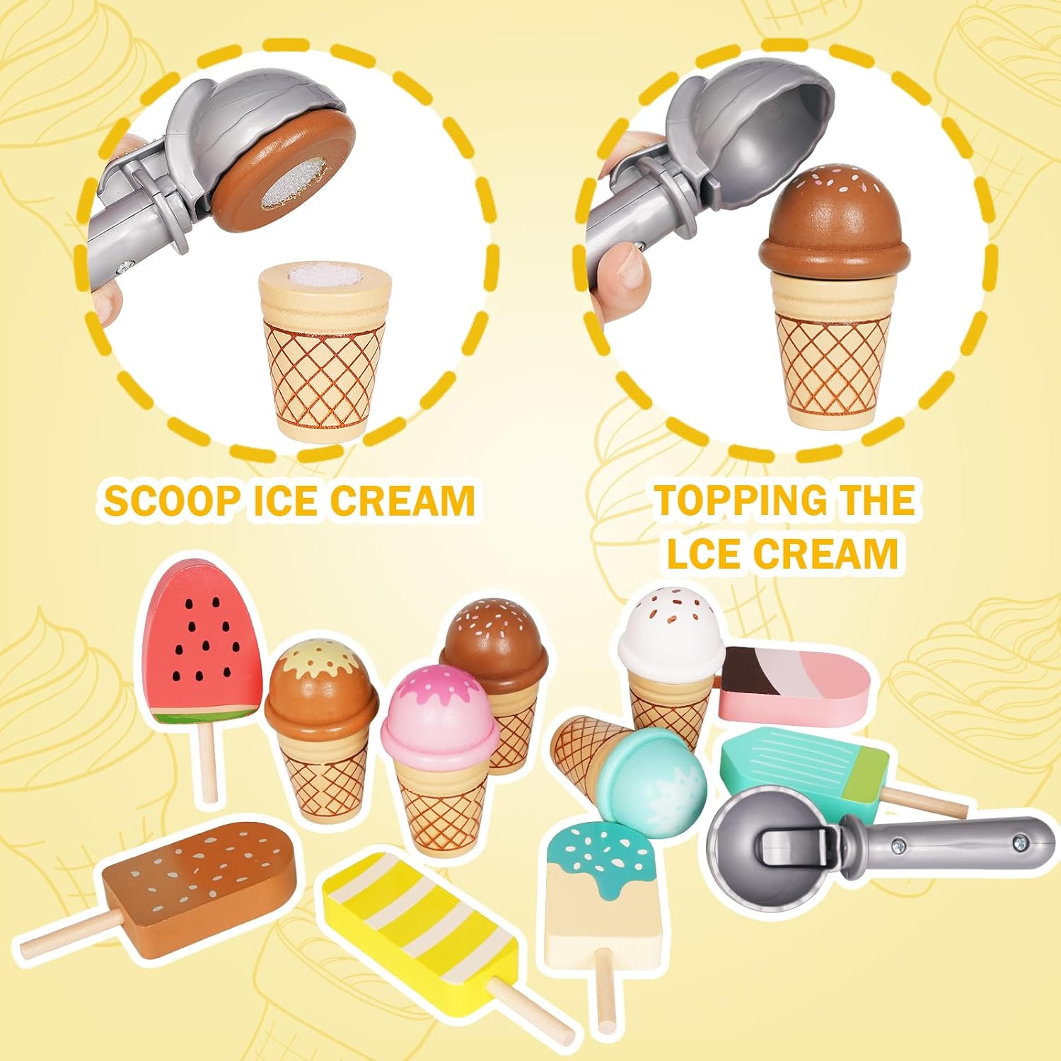 Juego de contador de helados para niños, juguetes de comida Montessori, accesorios de cocina, juego de paletas de madera con cuchara y dinero falso,