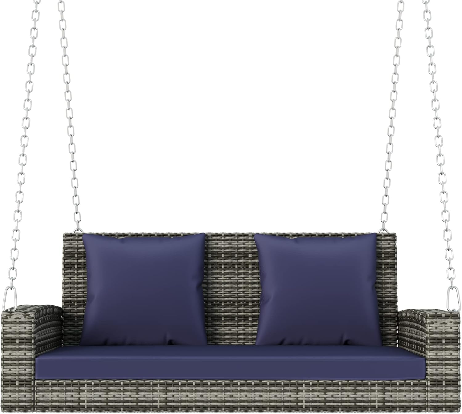 Columpios de mimbre para porche para 2 personas, columpio colgante para porche con cadenas, cojín azul y almohada, columpio de banco al aire libre