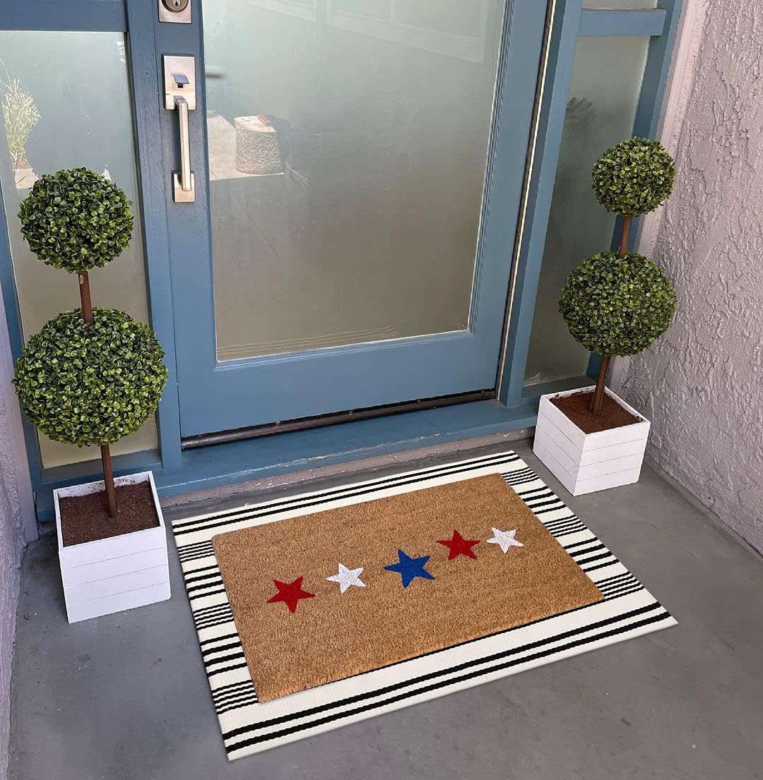 Alfombra de exterior a rayas blancas y negras, 2 x 3 pies, de algodón, moderna, tejida a mano, reversible, para porche, puerta de bienvenida,